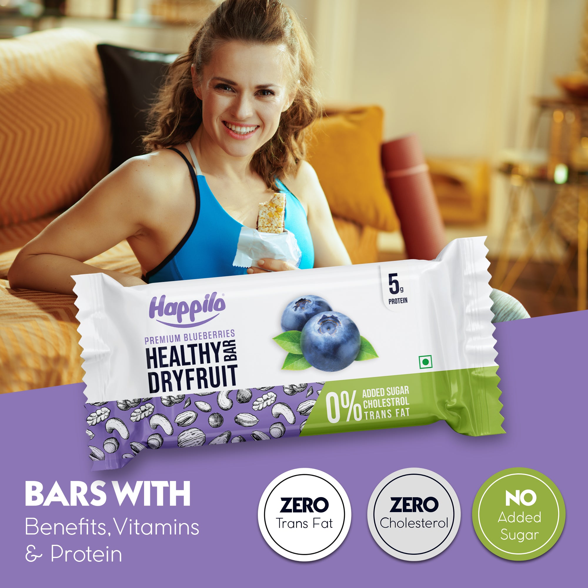 Happilo Premium Blueberries Healthy Dry Fruit Bar 35g