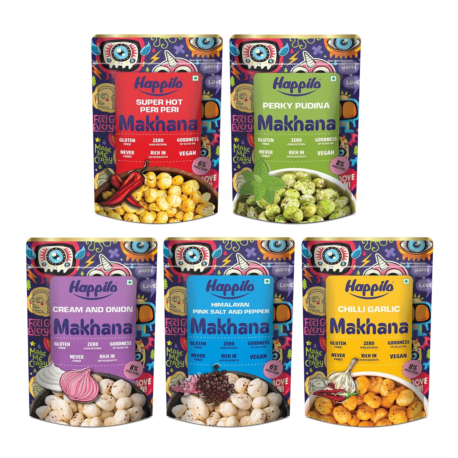 Happilo Premium Super Snack Makhana Combo 300g (Perky Pudina, Peri Peri, Chilli Garlic, Salt & Pepper and Cream & Onion)