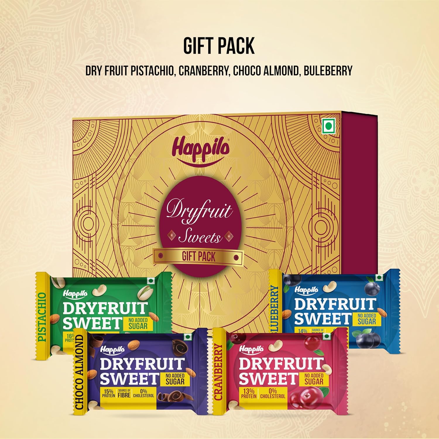 Happilo Dry Fruit Sweet Gift Pack 60g, Blueberries, Choco Almonds, Pistachios, Cranberry Cashews