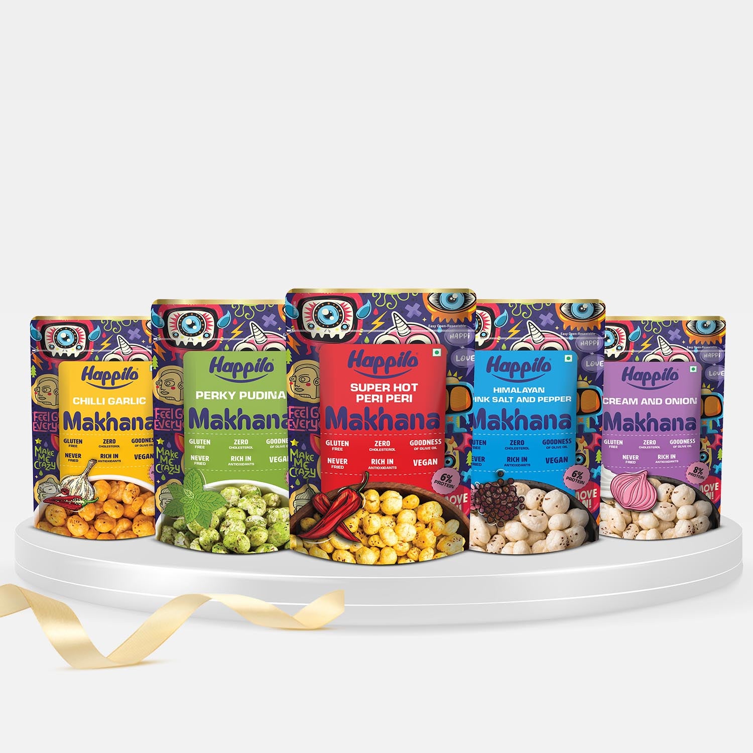 Happilo Premium Super Snack Makhana Combo 600g (Perky Pudina, Peri Peri, Chilli Garlic, Himalayan Salt & Pepper, & Cream & Onion Each 60g*2pcs)