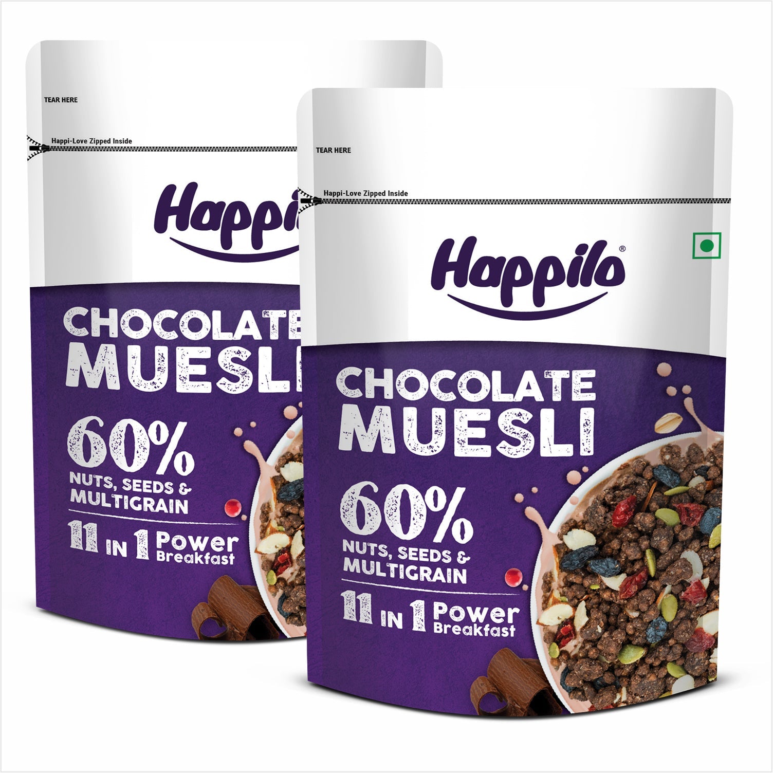Happilo Chocolate Muesli 450g, 60% Nuts, Seeds and Multigrain, 11 in 1 Power Breakfast, High in Fiber, Protein