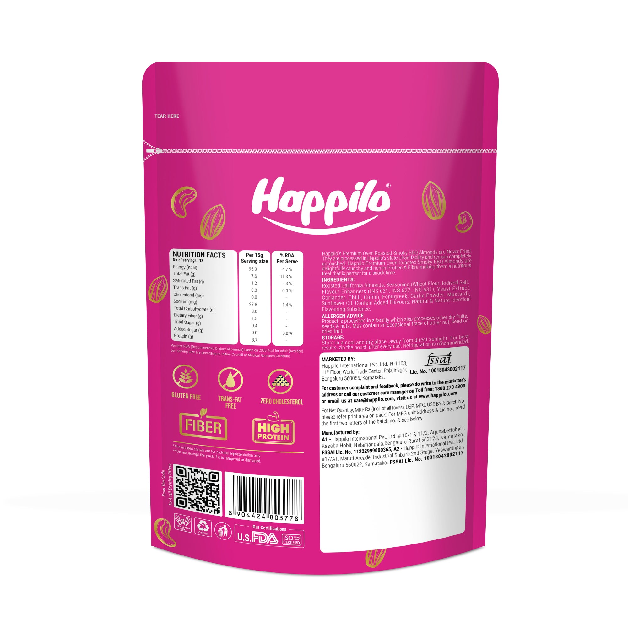 Happilo Barbeque Californian Almonds, Super Healthy Crunchy Nuts, Non Fried, High Protein Dry Fruit, 160g