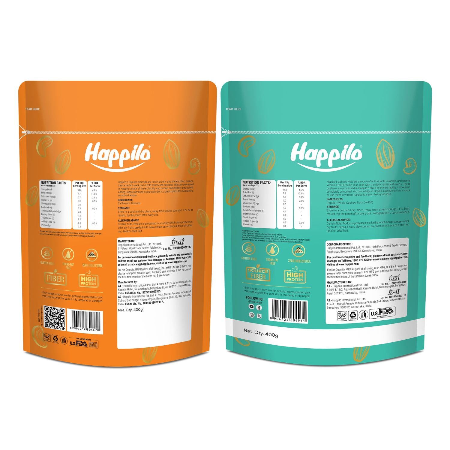 Happilo Popular Nuts Combo 800g (California Almond 400g & Whole Cashew nuts 400g)