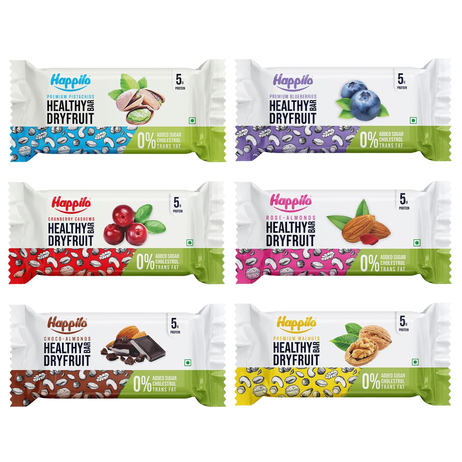 Happilo Dry Fruit Bar Combo 840g (Cranberry Cashew, Rose Almond, Walnut, Pistachios, Choco Almond & Blueberries Each 35g*4pcs)
