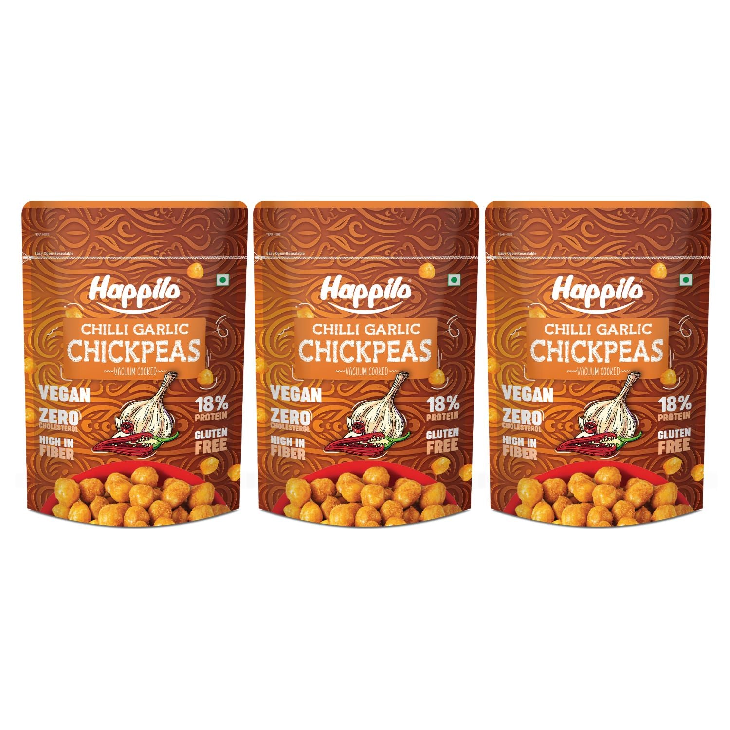 Happilo Premium Super Snack Chili Garlic Chickpeas (Pack Of 3) 110g each, Crunchy and Delicious, Super Healthy
