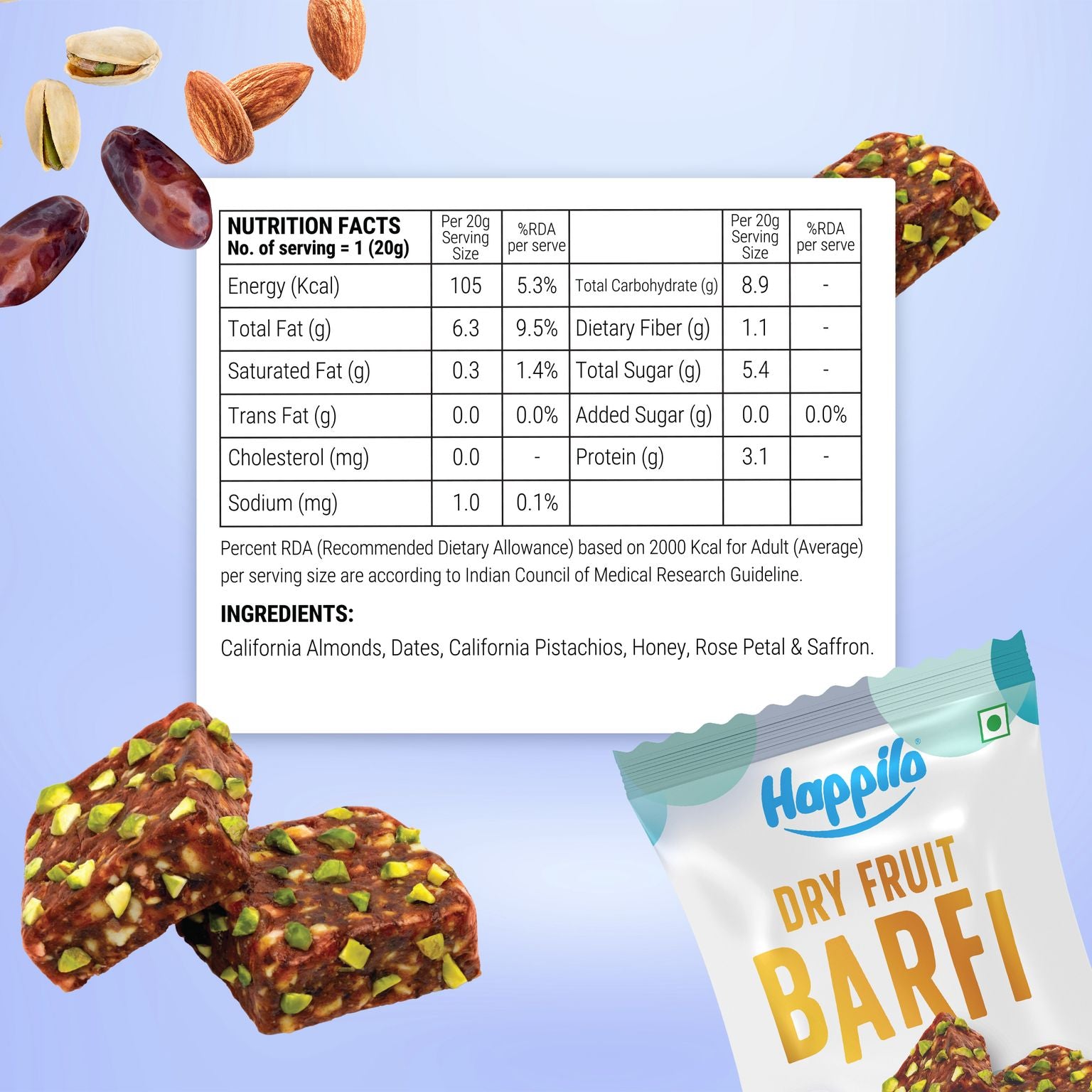 Happilo Premium International Dates Dry Fruit BarFi 20g (Pack of 36)