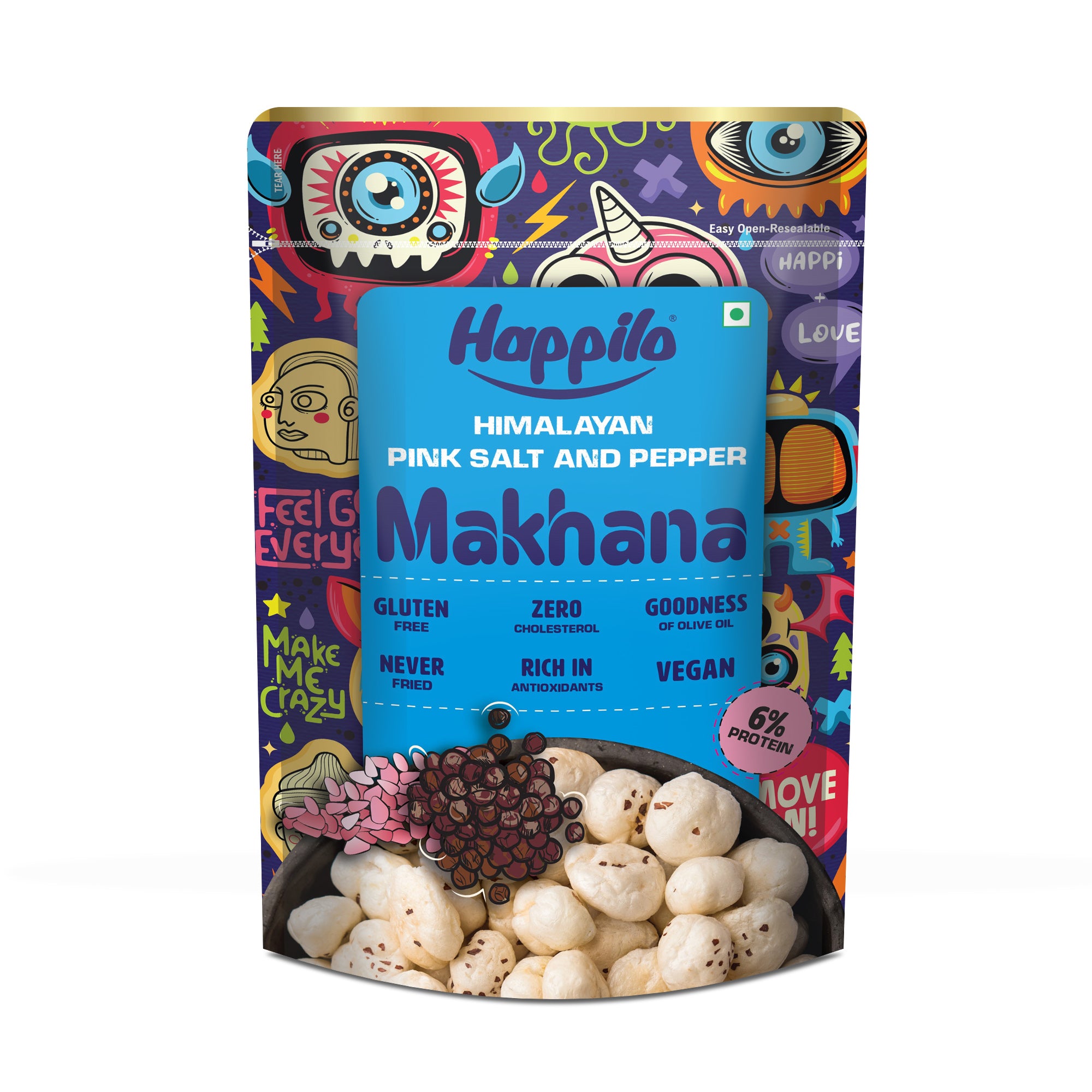 Happilo Premium Super Snack Makhana Himalayan Salt & Pepper 60g, Roasted Foxnut Healthy Snack Low Calorie Gluten Free and Vegan