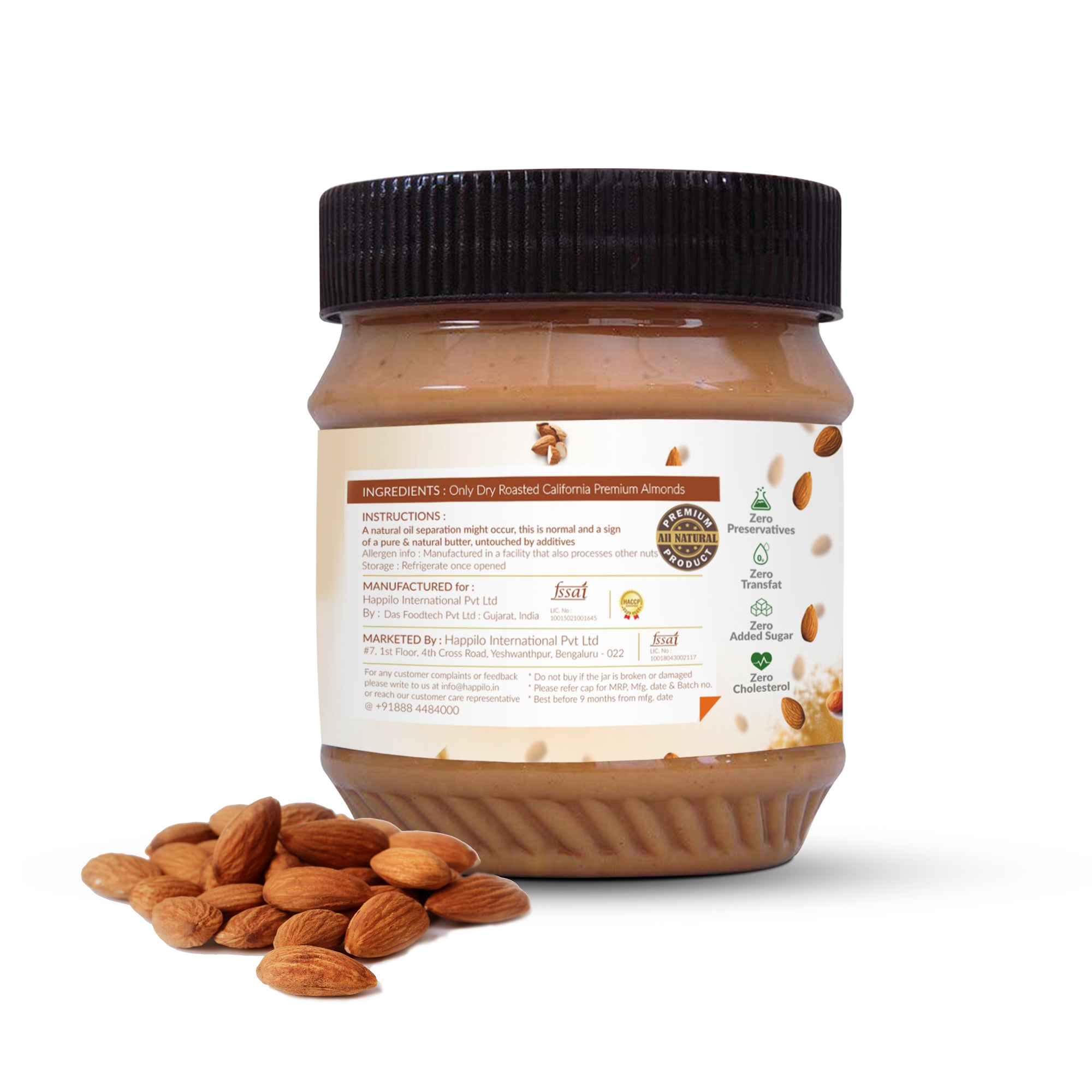 Happilo All Natural Californian Almond Butter (Unsweetened, High Protein, Gluten Free, Vegan)
