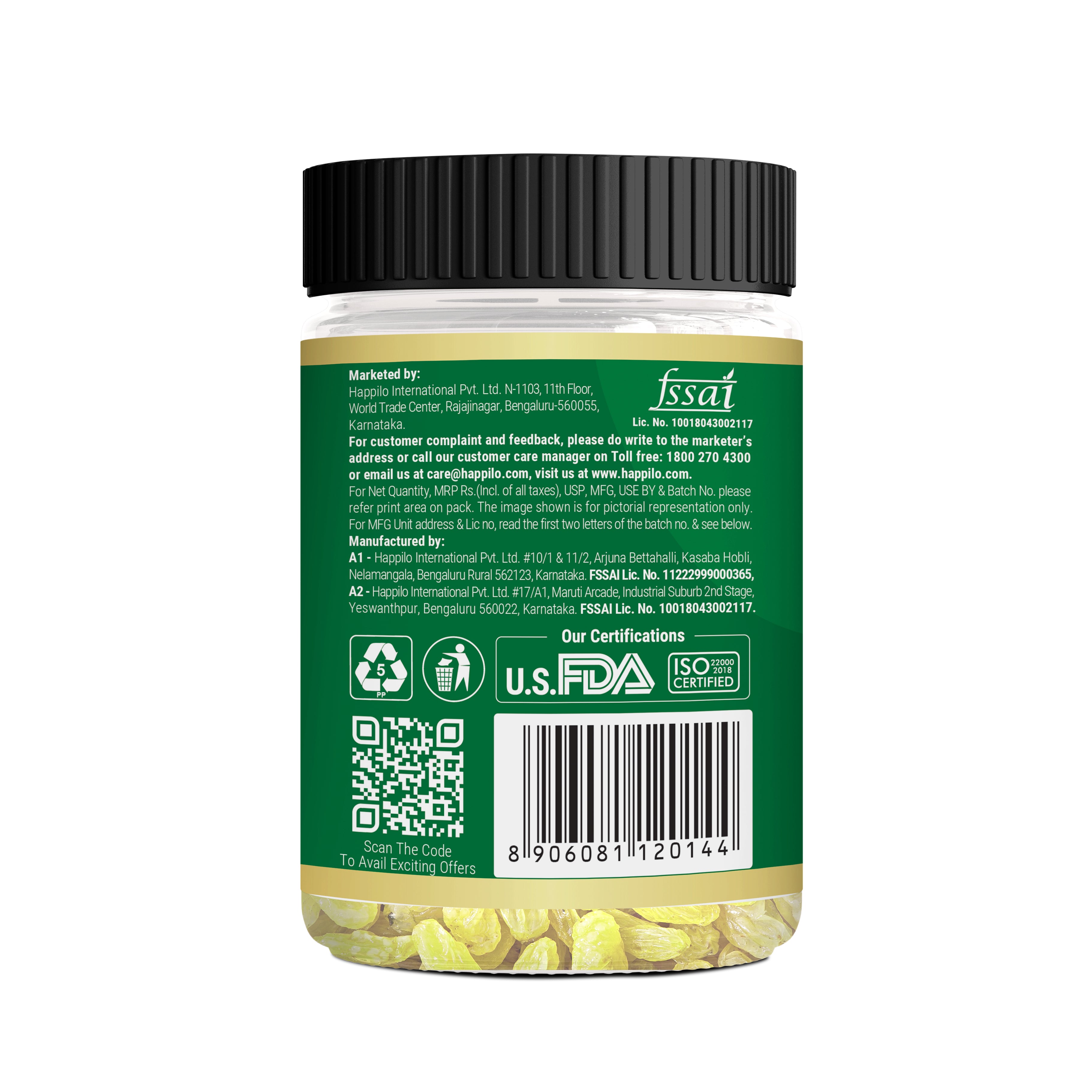 Happilo Premium Seedless Green Raisins 250g Jar
