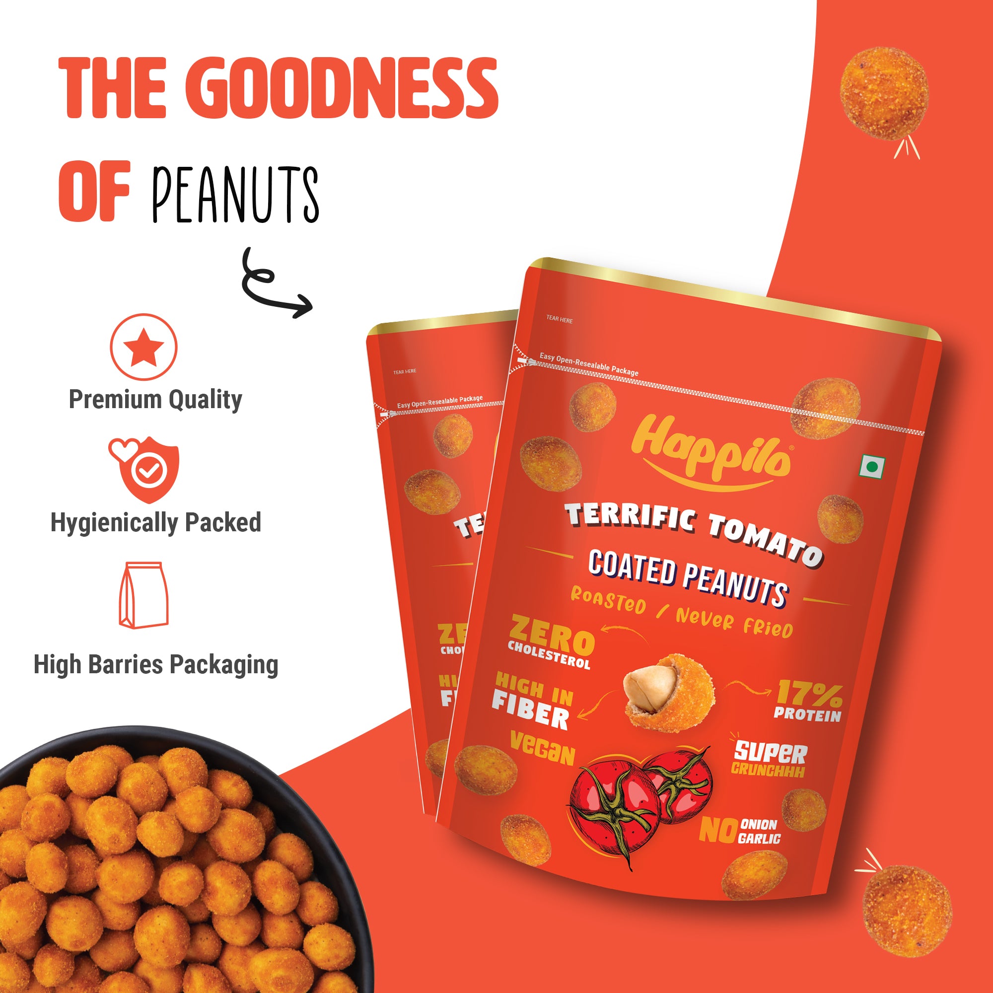 Happilo Premium Super Snack Terrific Tomato Peanut 150g, Crunchy and Nutty, High in Protein and Dietary Fibre