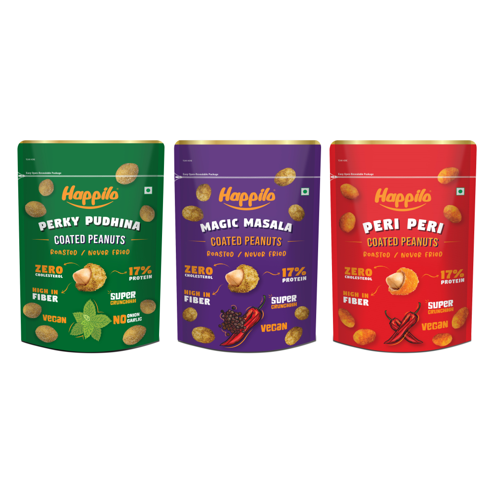 Happilo Peanut Super Combo Snack 150g each, Perky Pudhina Peanut, Magic Masala Peanut, Peri Peri Peanut