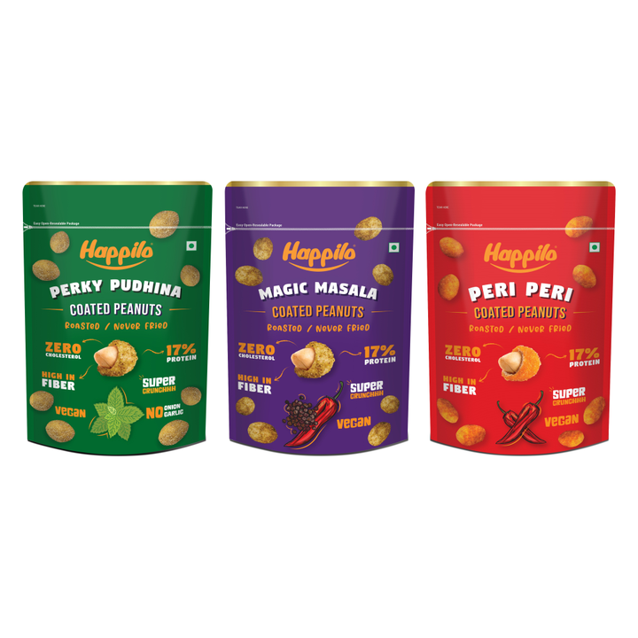 Happilo Peanut Super Combo Snack 150g each, Perky Pudhina Peanut, Magic Masala Peanut, Peri Peri Peanut