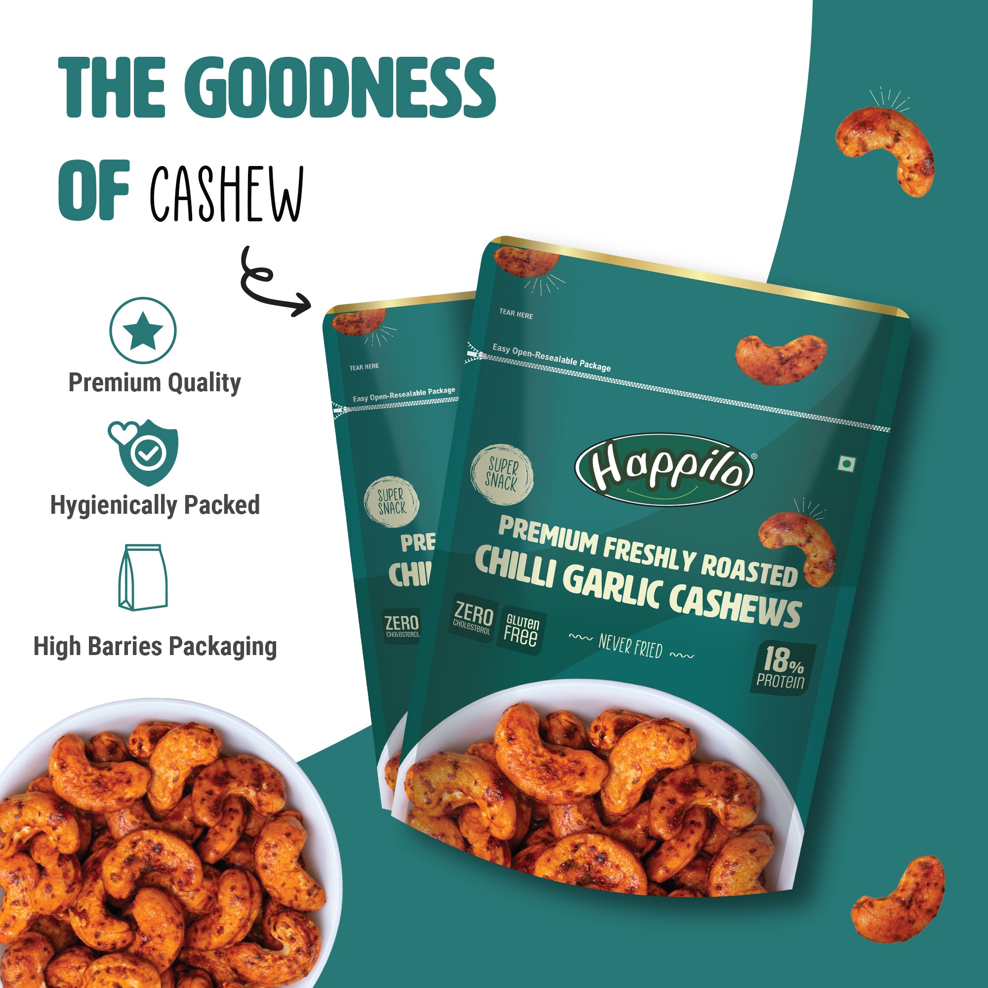 Happilo Premium Oven Roasted Cashews - Spicy Chilly Garlic 80g (Pack of 2)