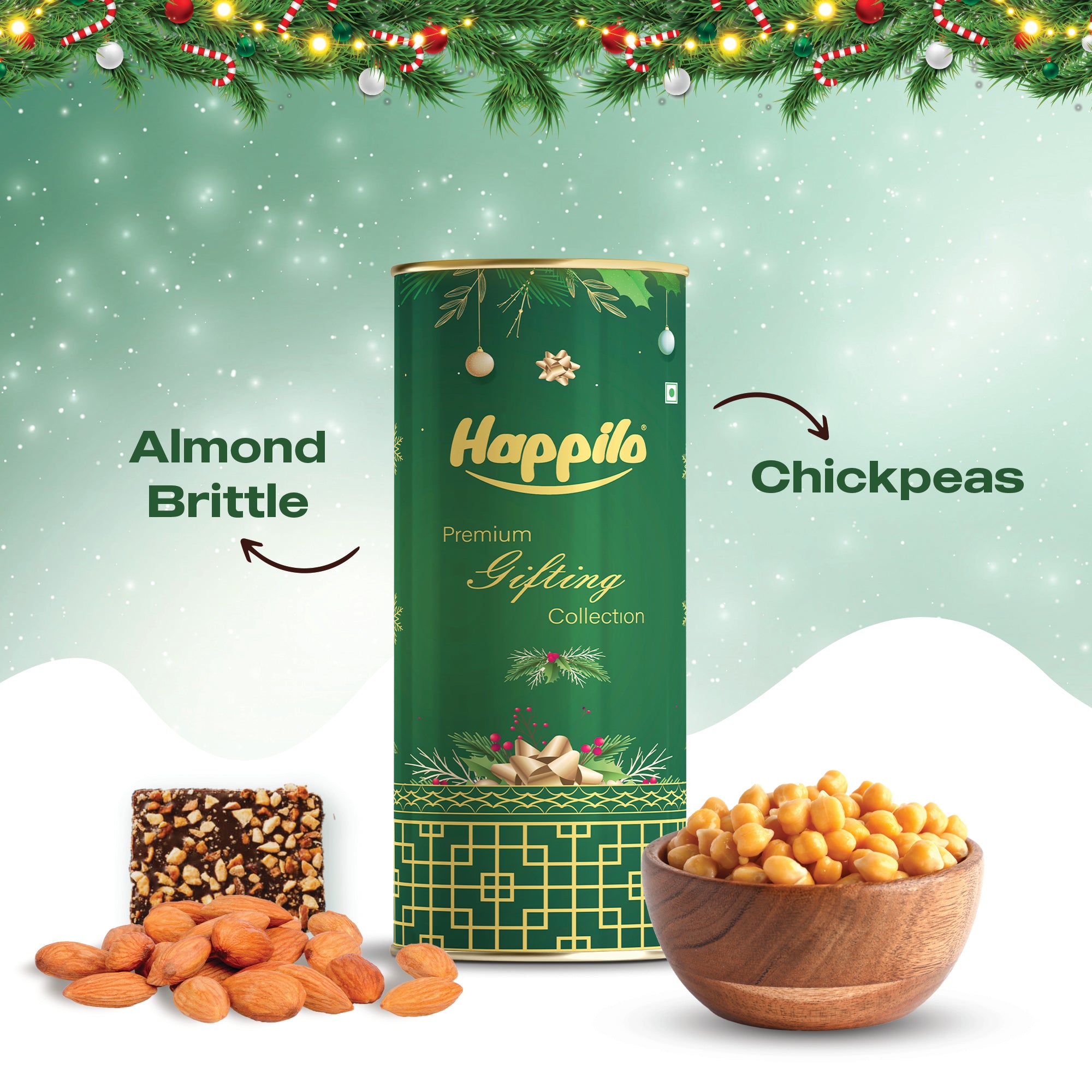 Happilo Xmas Carols Gift Box 168g, Christmas Gift Hampers with Almond Brittle and Chickpeas for Friends and Family