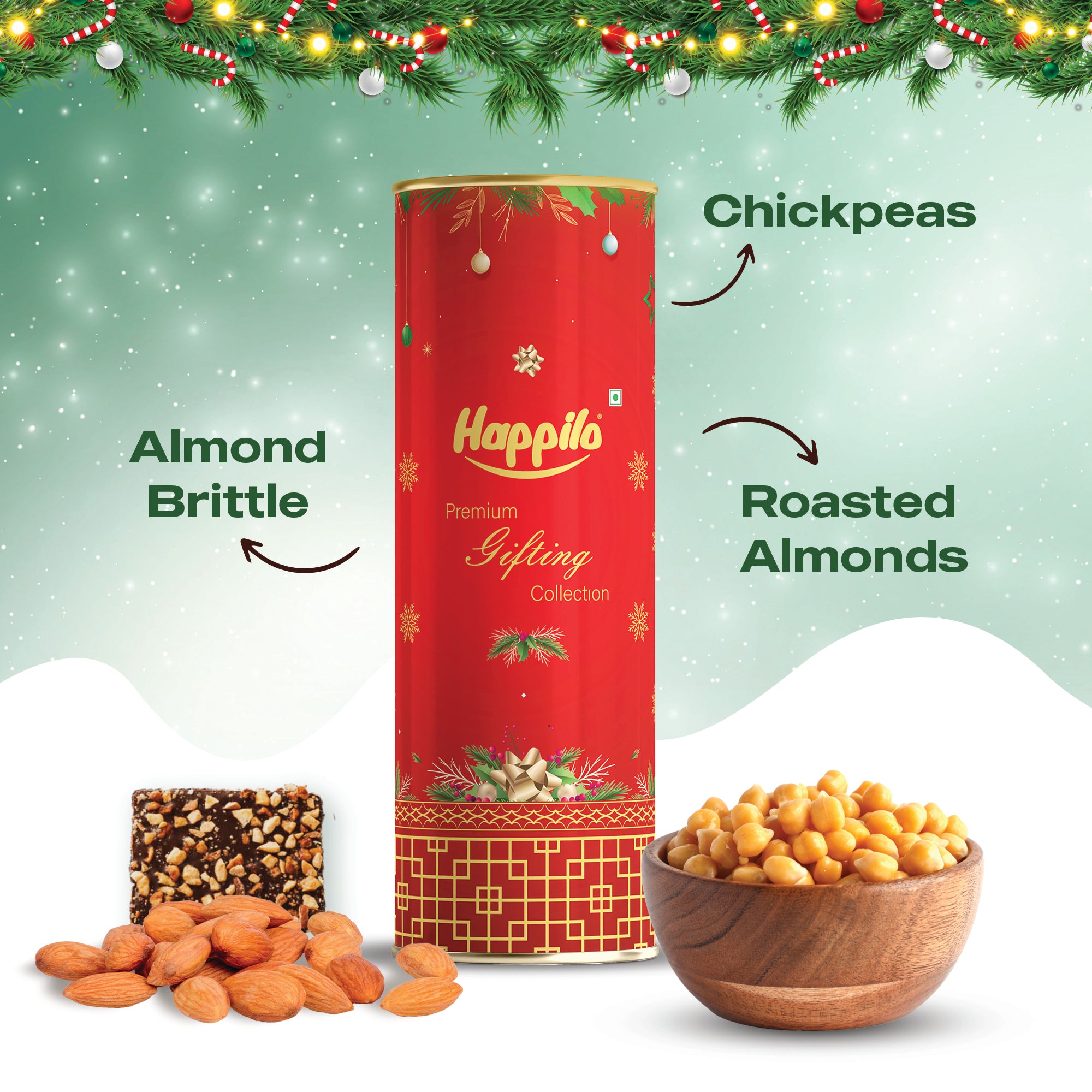 Happilo Xmas Reindeer Gift Box 268g, Christmas Gift Hampers with Roasted Almonds, Almond Brittle and Chickpeas for Friends and Family