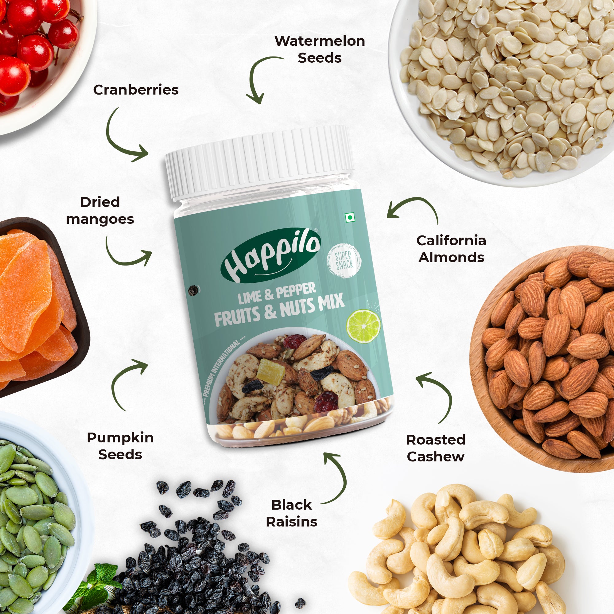 Happilo Premium International Lime & Pepper Fruit & Nuts mix 200g