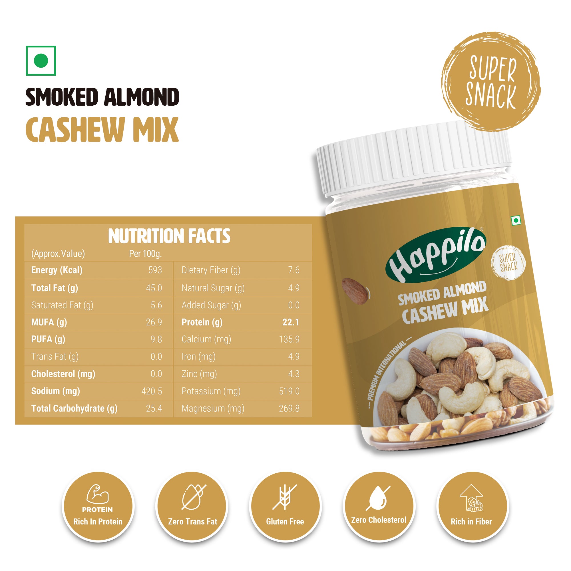 Happilo Premium International Smoked Almond Cashew Mix with Himalayan Pink salt 200g
