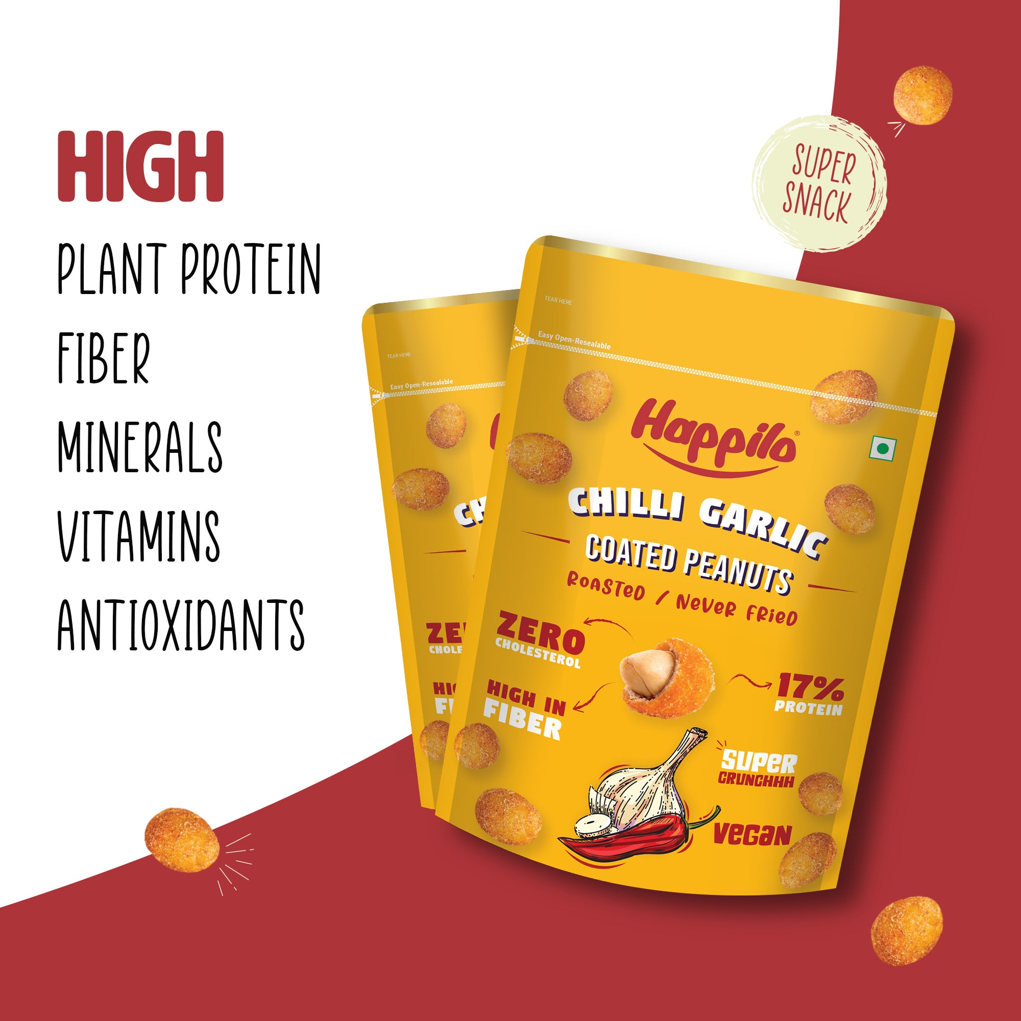 Happilo Premium Super Snack Chili Garlic Peanut 150g, Crunchy and Nutty, High in Protein and Dietary Fibre