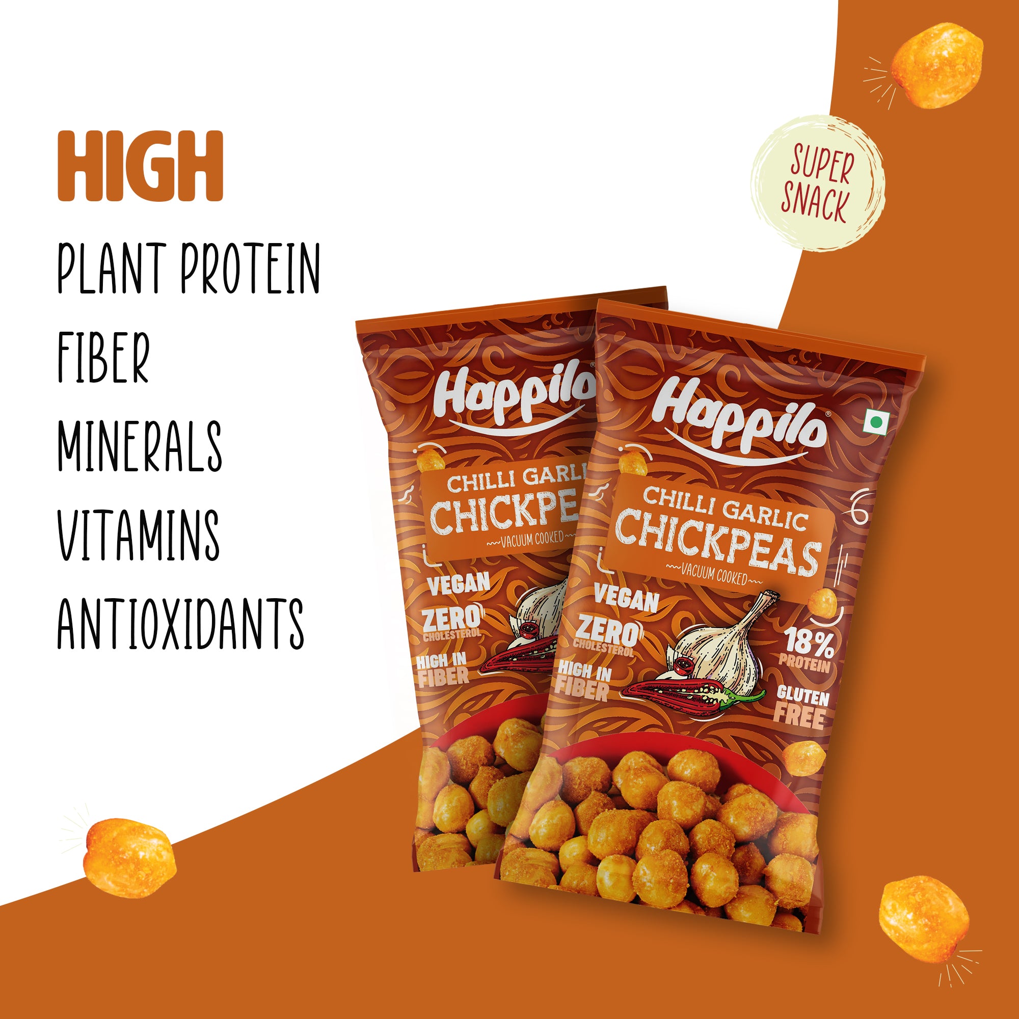 Happilo Premium Super Snack Chili Garlic Chickpeas 22g, Crunchy and Delicious, Super Healthy