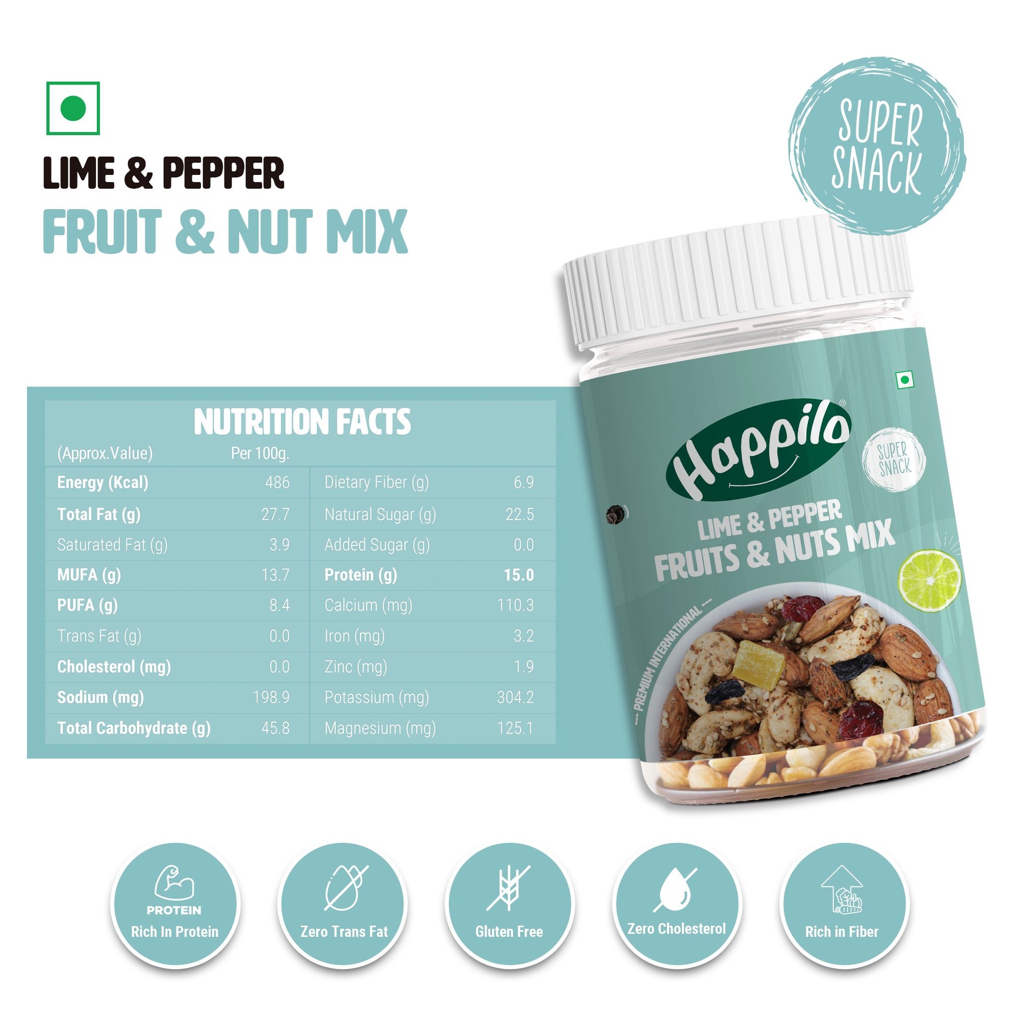 Happilo Premium International Lime & Pepper Fruit & Nuts mix 200g