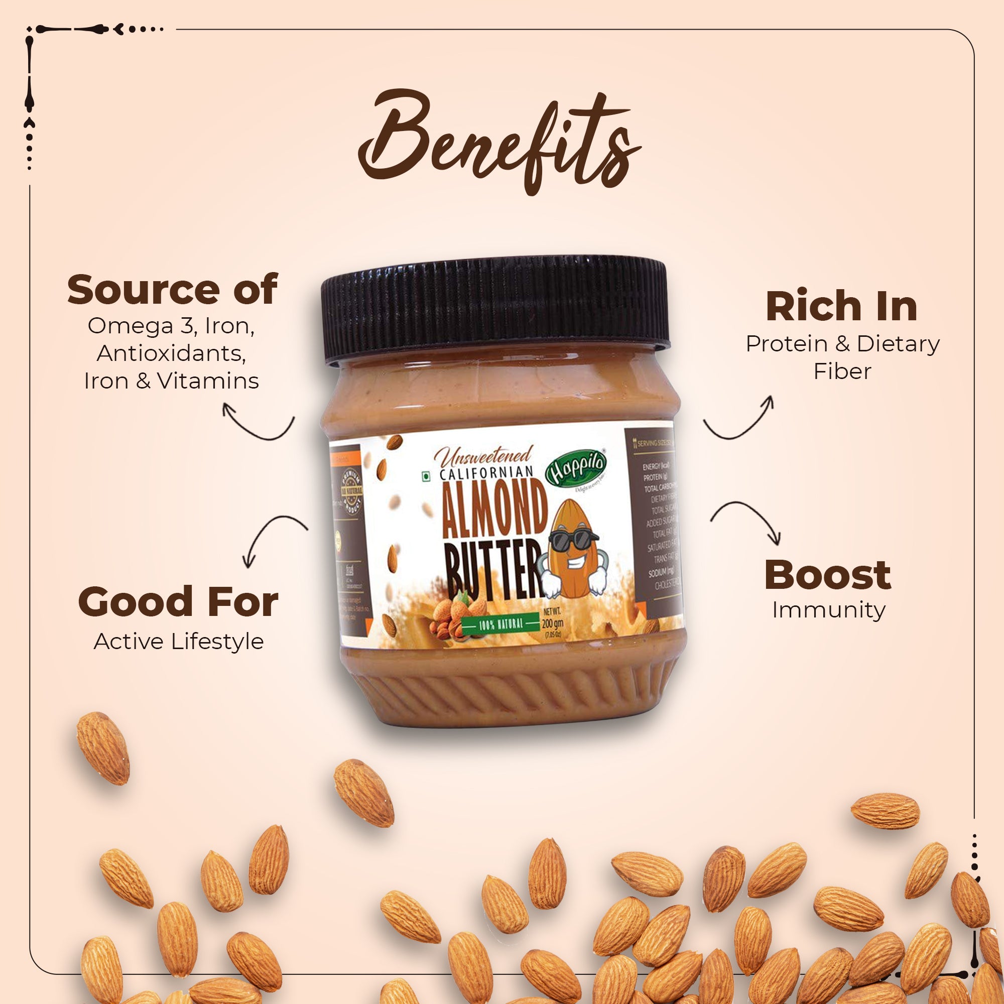 Happilo All Natural Californian Almond Butter (Unsweetened, High Protein, Gluten Free, Vegan)
