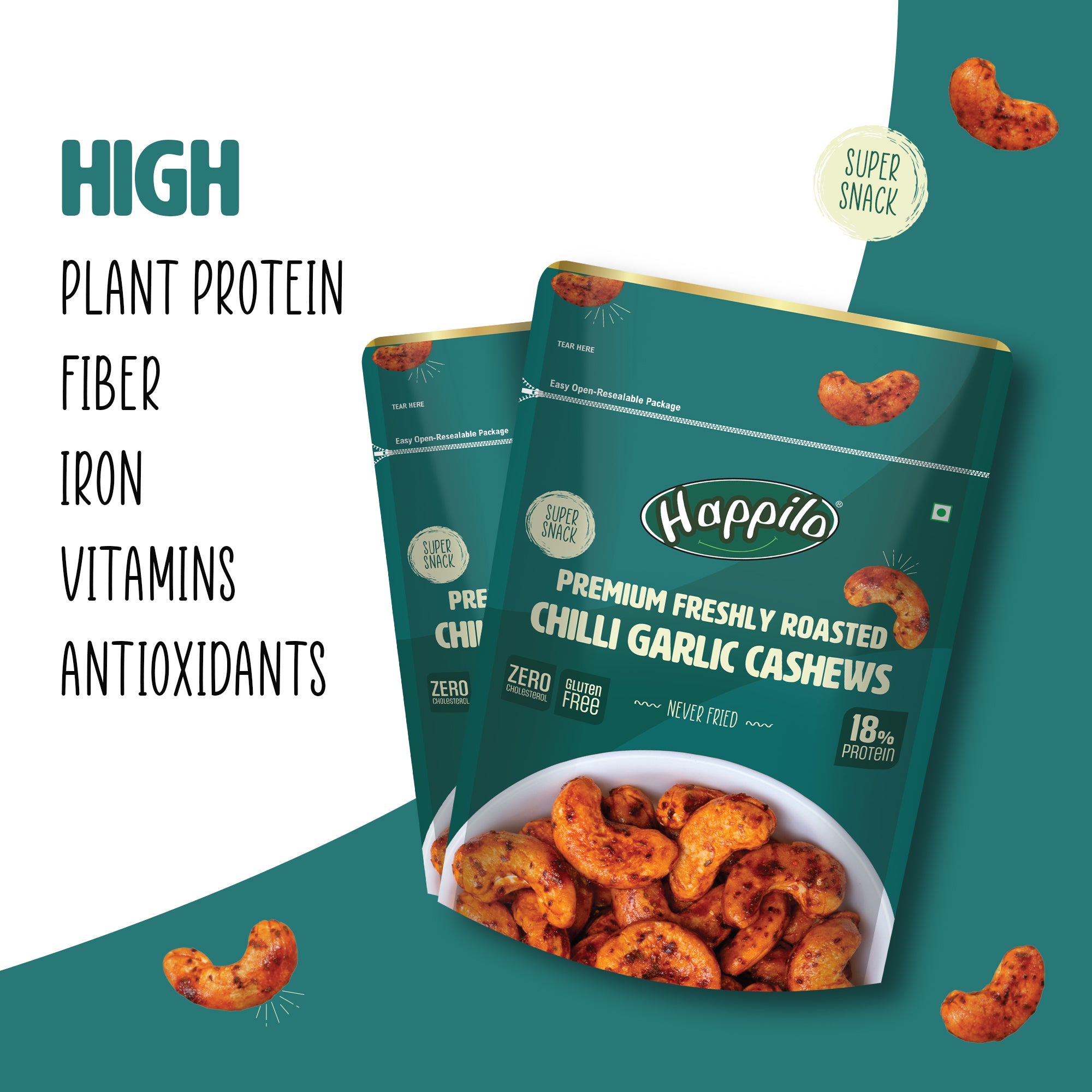 Happilo Premium Oven Roasted Cashews - Spicy Chilly Garlic 80g (Pack of 2)