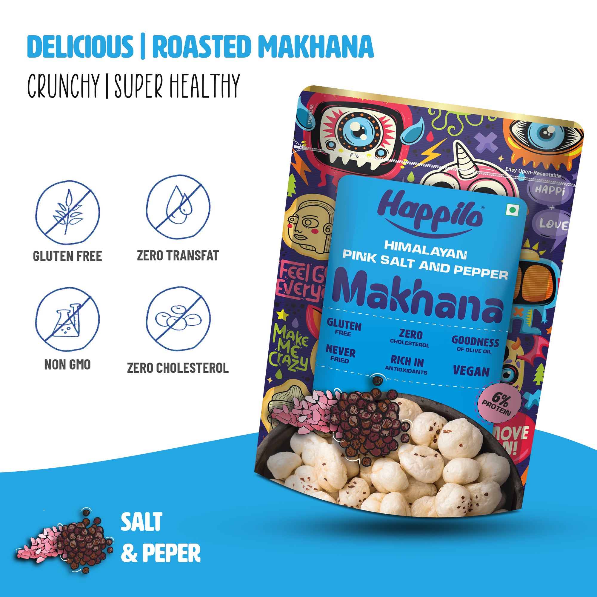 Happilo Premium Super Snack Makhana Himalayan Salt & Pepper55g, Roasted Foxnut Healthy Snack Low Calorie Gluten Free and Vegan