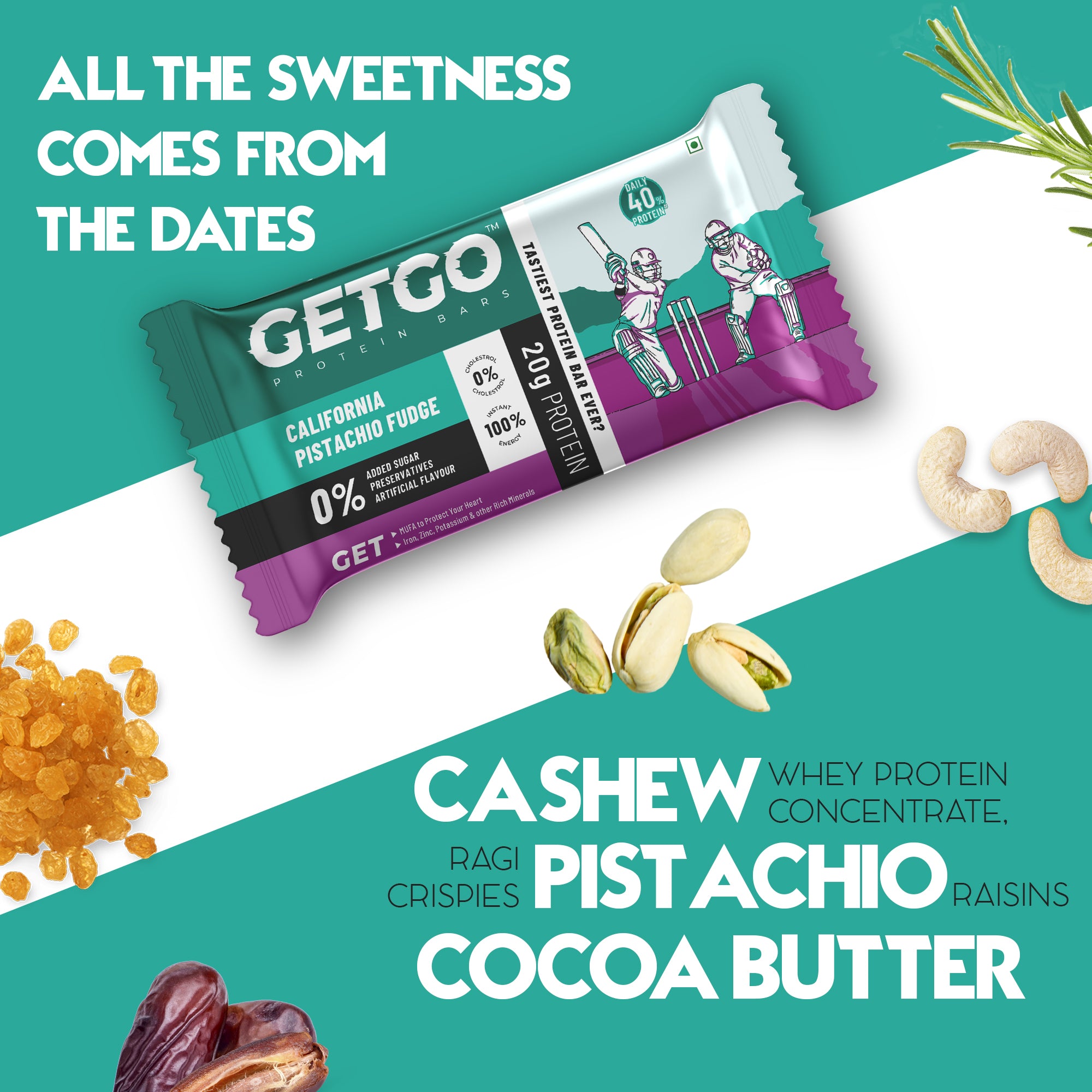 GetGo California Pistachio Fudge Protein Bar 85g