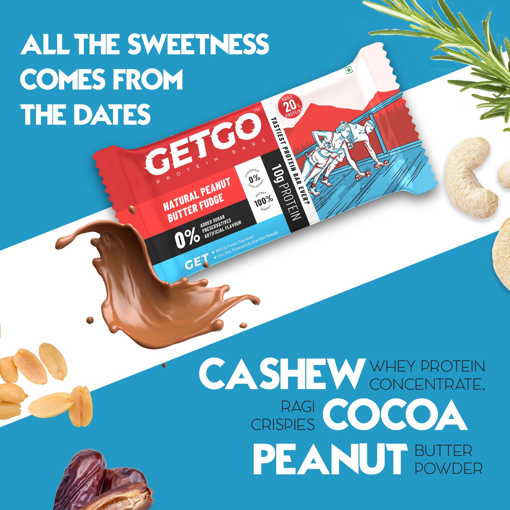 GetGo Natural Peanut Butter Fudge Protein Bar 43g