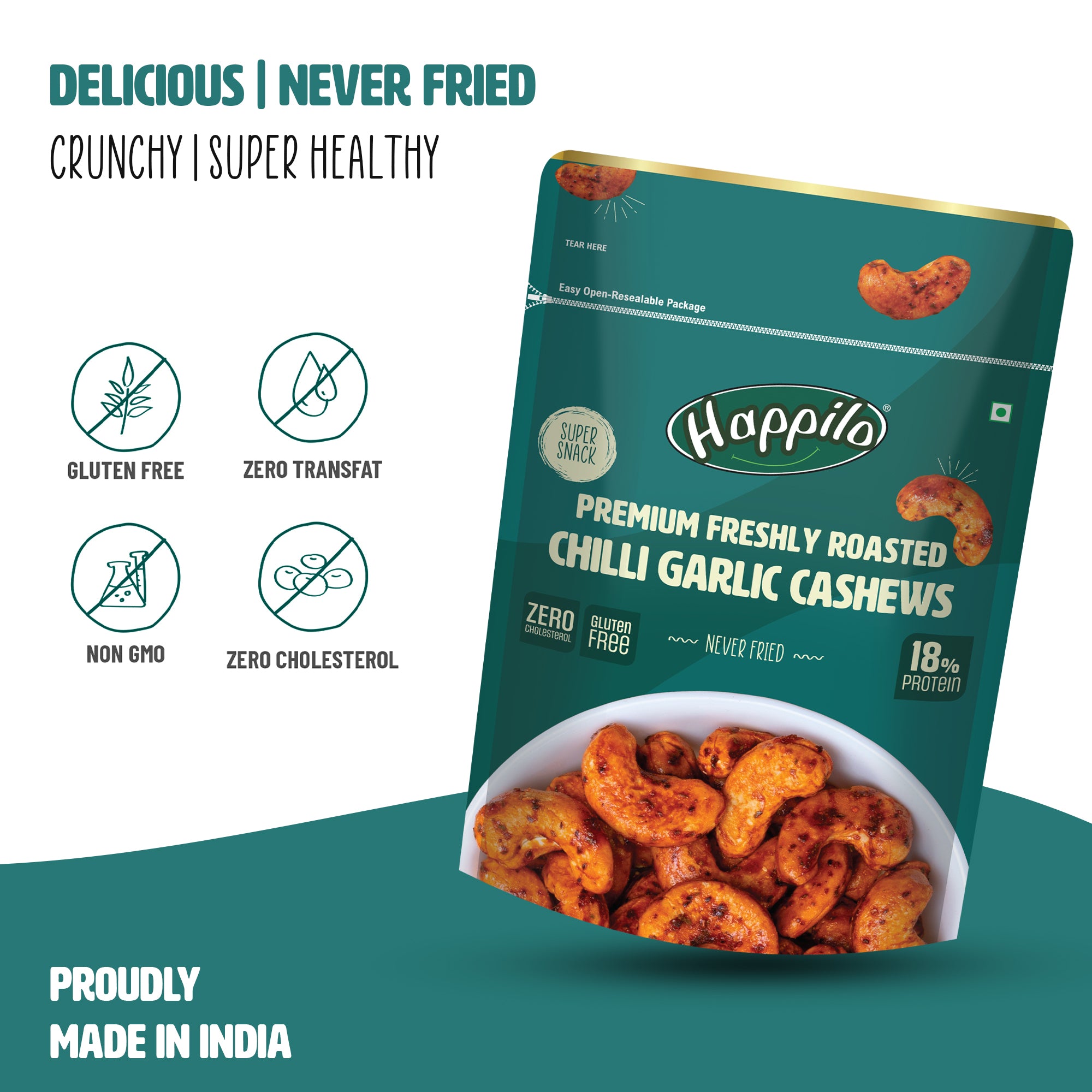 Happilo Premium Oven Roasted Cashews - Spicy Chilly Garlic 80g (Pack of 2)