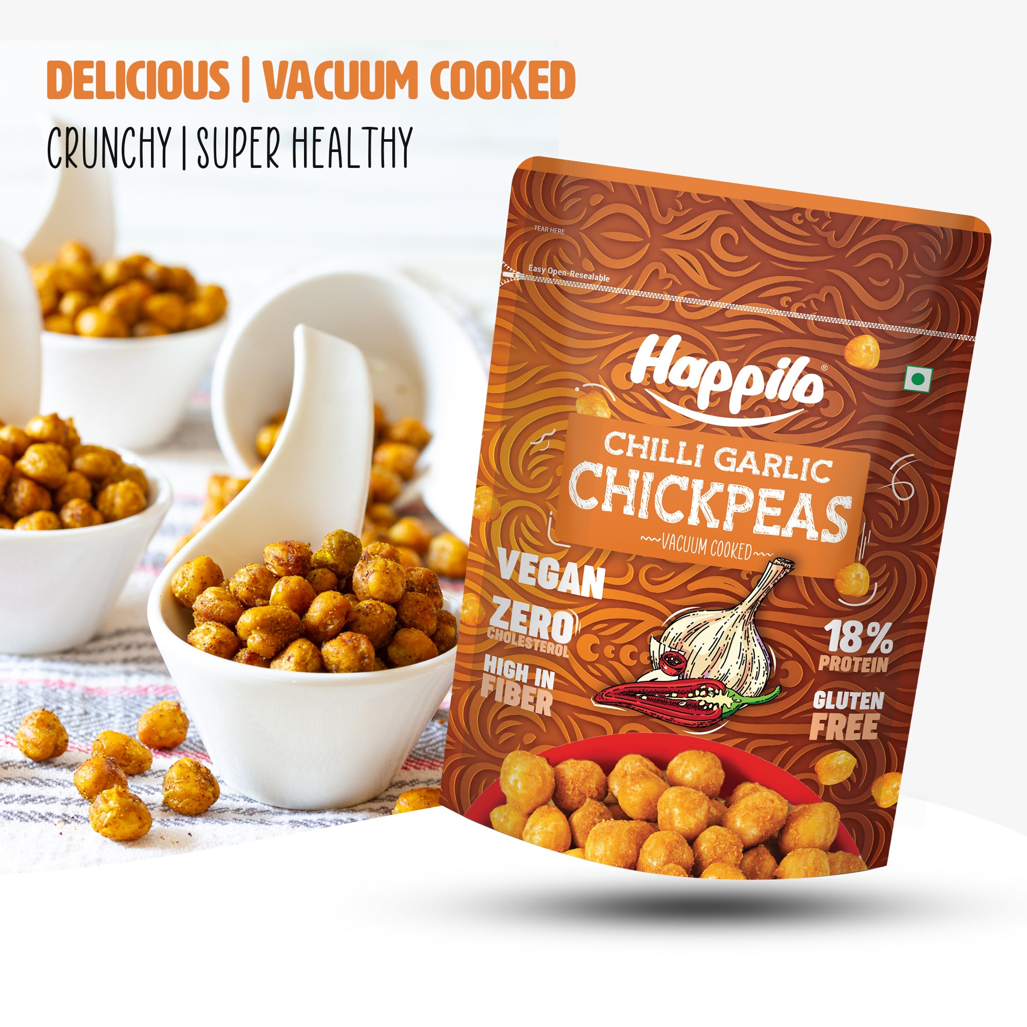 Happilo Premium Super Snack Chili Garlic Chickpeas 110g, Crunchy and Delicious, Super Healthy