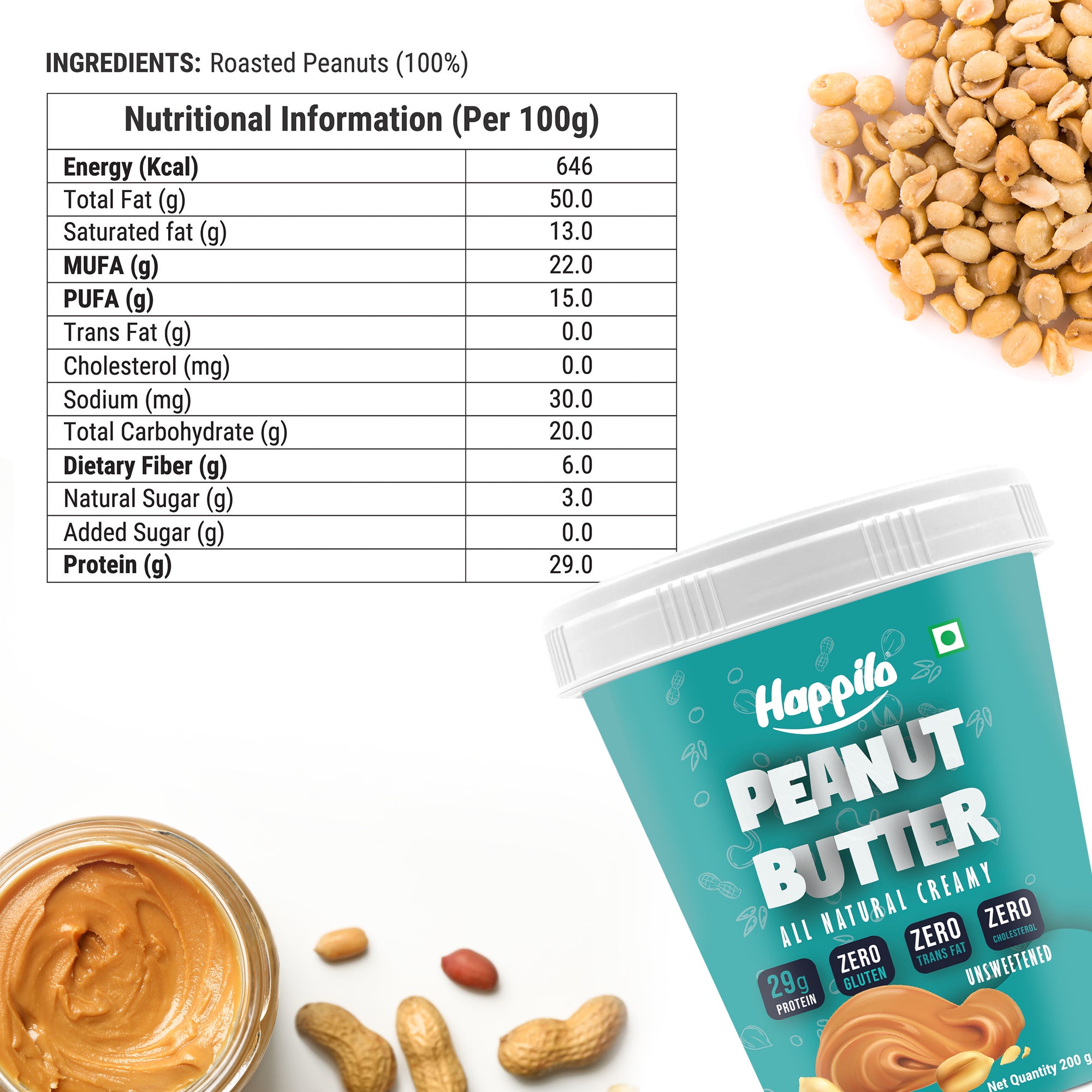 Happilo Peanut Butter All Natural Unsweetened Creamy 200g
