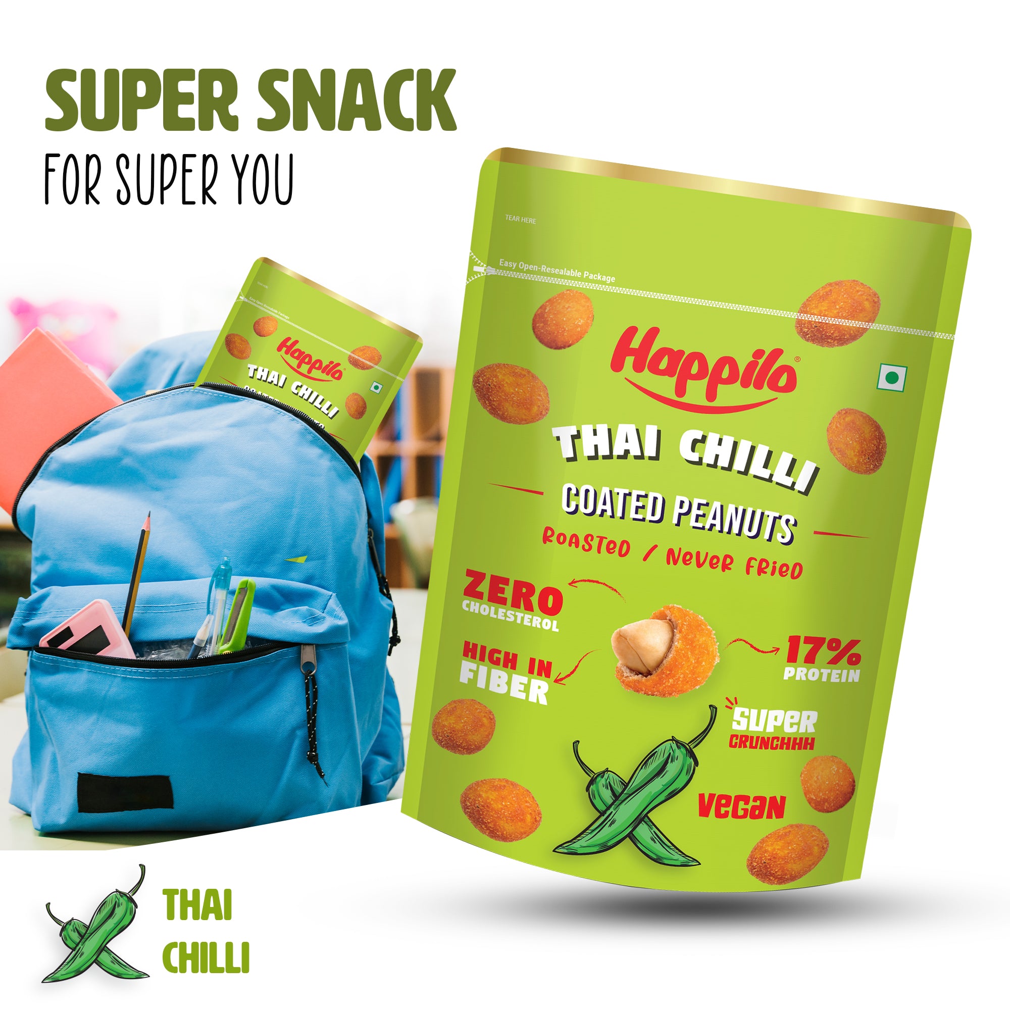 Happilo Premium Super Snack Thai Chili Peanut 150g, Crunchy and Nutty, High in Protein and Dietary Fibre
