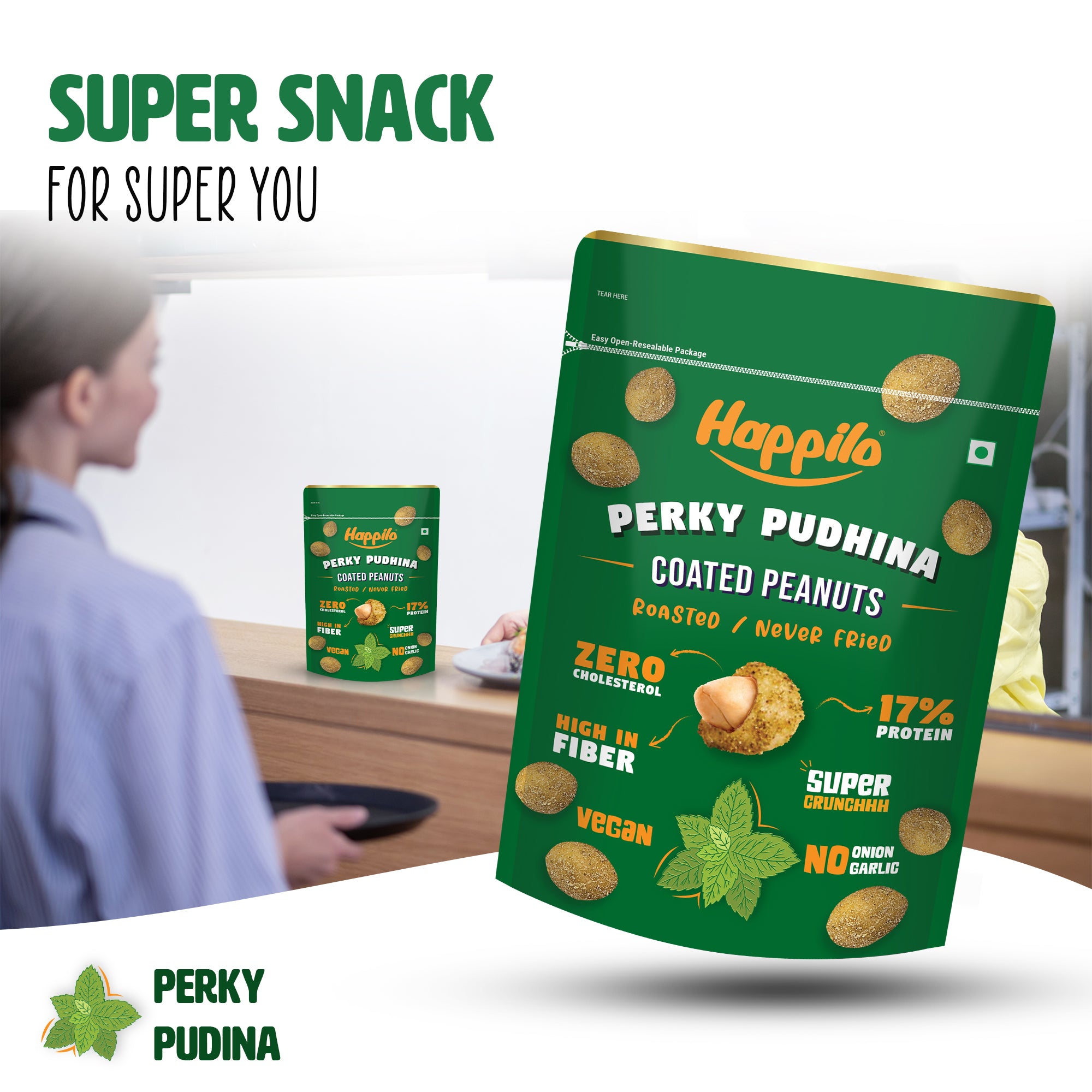 Happilo Premium Super Snack Perky Pudhina Peanut 150g, Crunchy and Nutty, High in Protein and Dietary Fibre