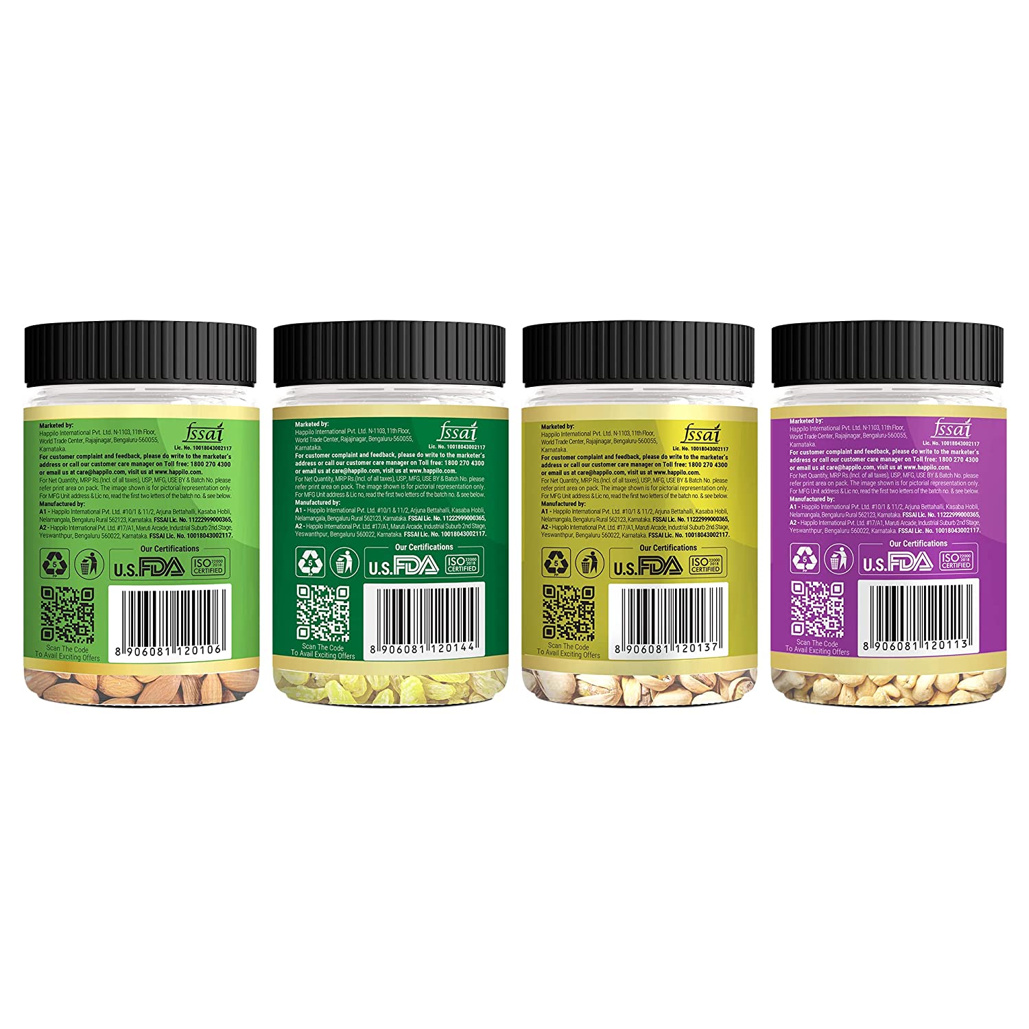 Happilo Premium Nuts & Dry Fruit Combo Jar (Californian Almonds 250g Raisins 250g Irani Pista 200g & Whole Cashew 200g) 900g