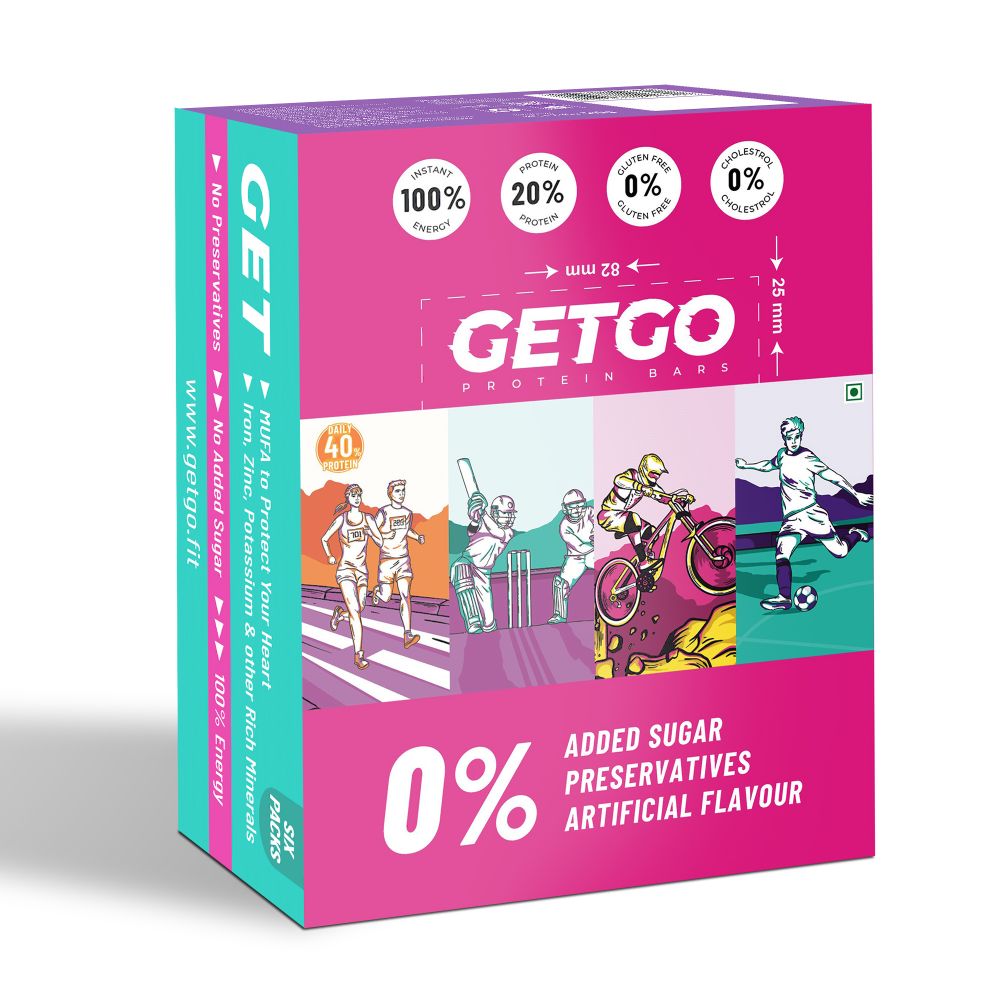 GetGo Protein Bars Assorted 258g (43g each Pack of 6), California Almond Fudge, California Pistachio Fudge, Turkish Hazelnut Cocoa Fudge, Cocoa Almond Fudge, Indian Creamy Coconut Fudge, Natural Peanut Butter Fudge