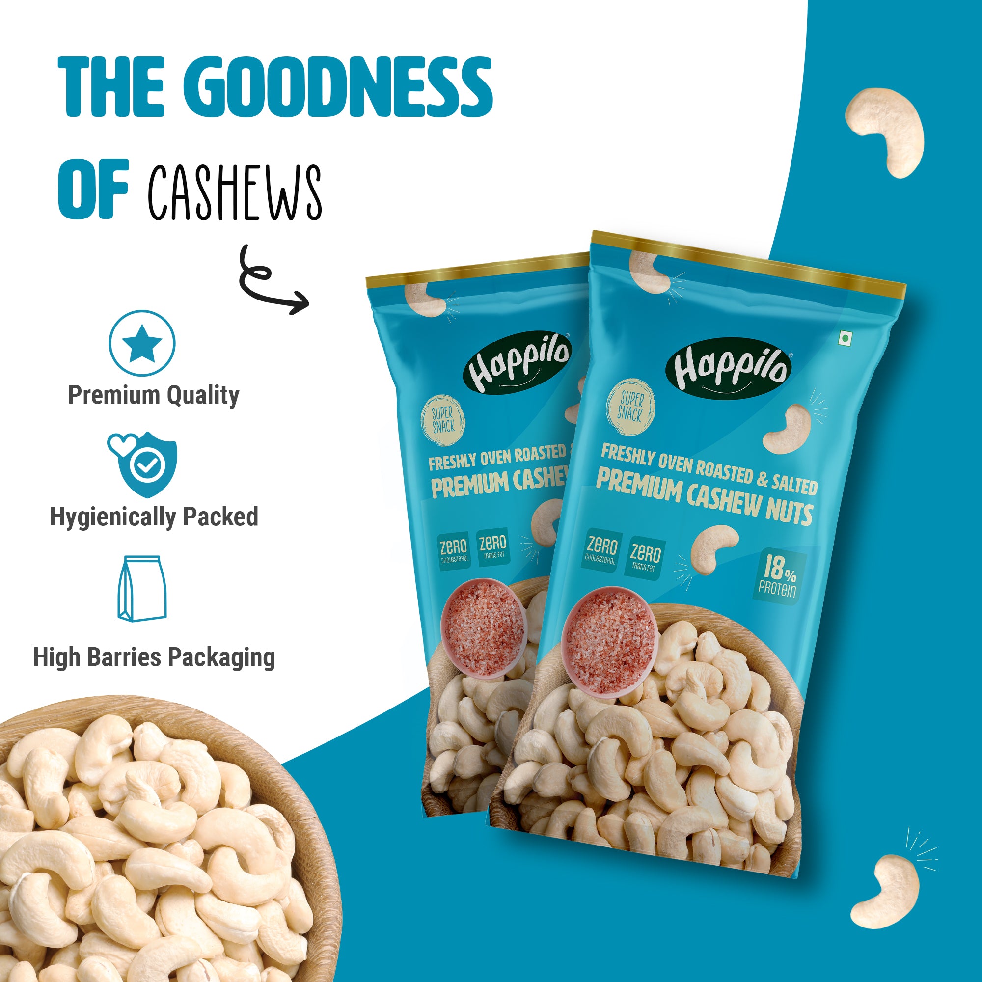 Happilo Smart Snack Whole Cashews Oven Roasted - Salted 18g