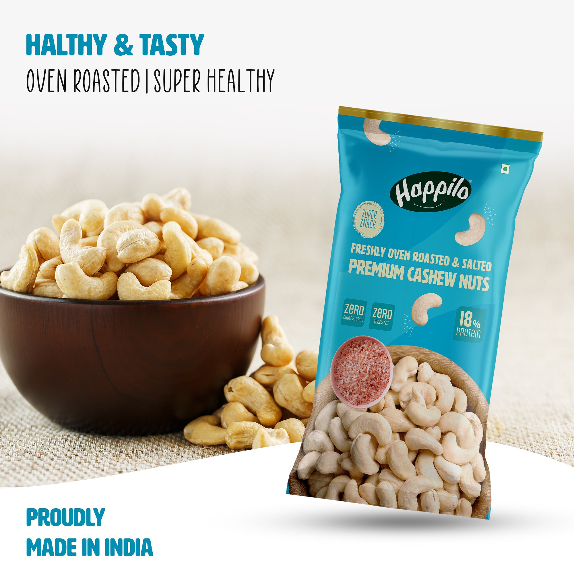 Happilo Smart Snack Whole Cashews Oven Roasted - Salted 18g