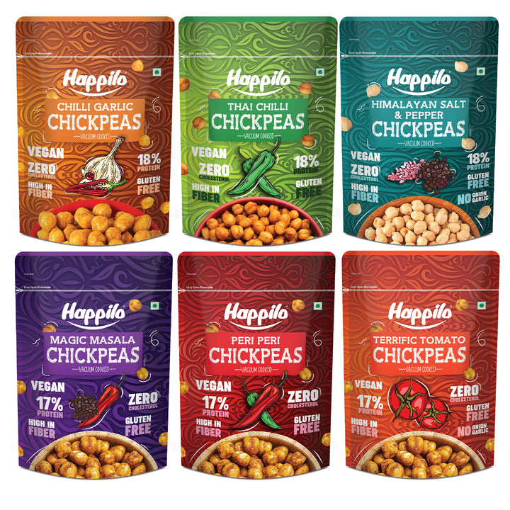 Happilo Chickpeas Jumbo Combo Snack 110g each, Magic Masala Chickpeas, Peri Peri Chickpeas, Terrific Tomato Chickpeas, Chili Garlic Chickpeas, Thai Chili Chickpeas, Himalayan Salt & Pepper Chickpeas