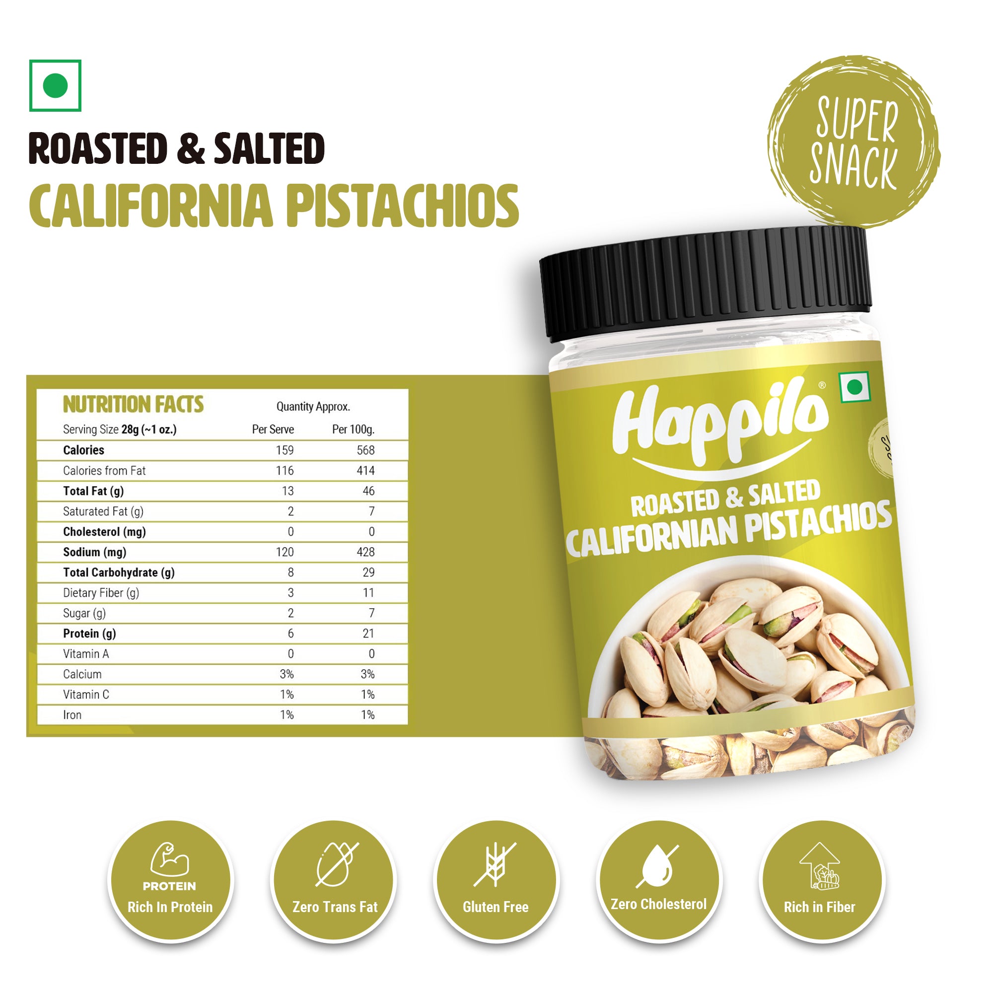 Happilo Premium Iranian Roasted & Salted Pistachios 200g Jar