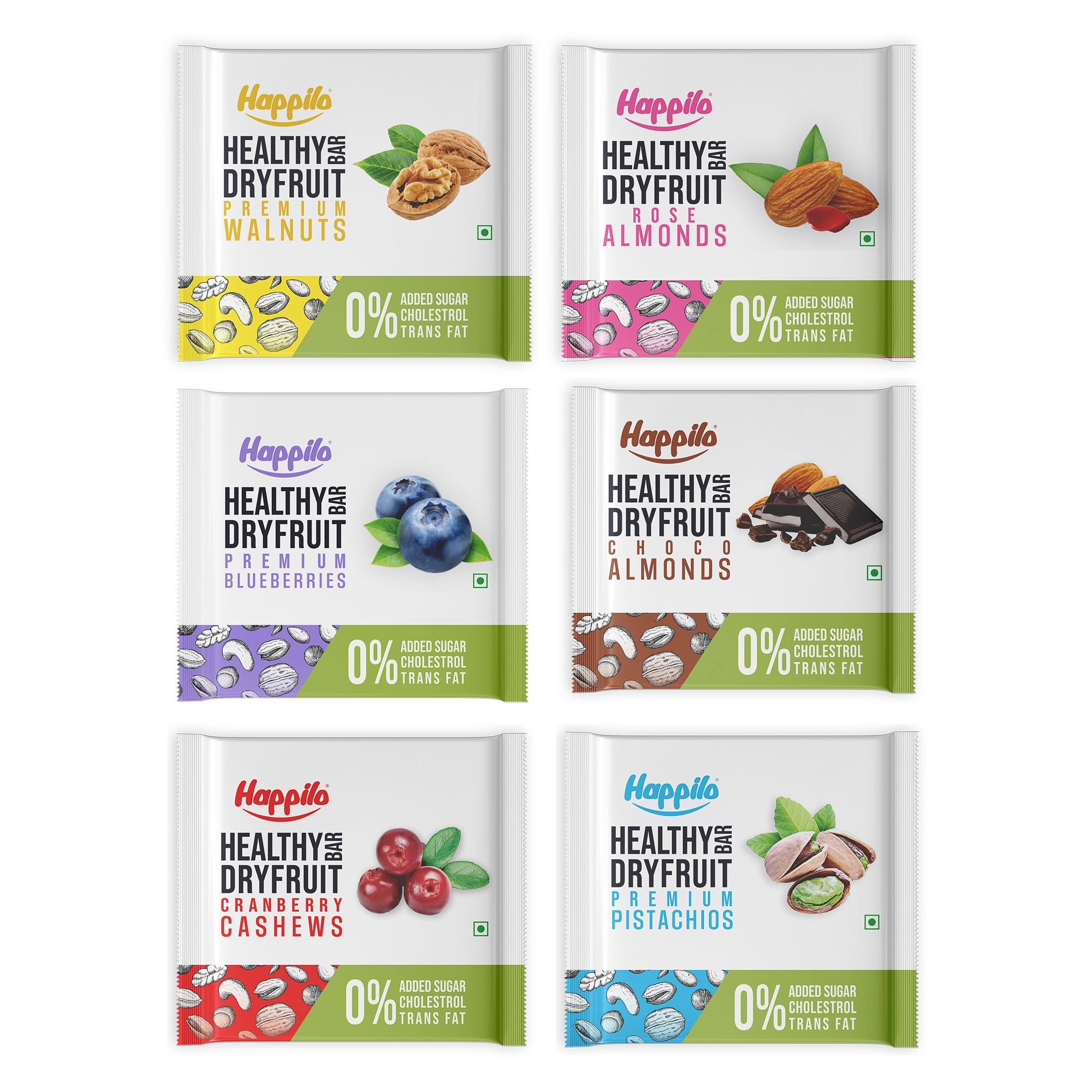 Happilo Dry Fruit Bar Combo 540g (Cranberry Cashew, Rose Almond, Walnut, Pistachios, Choco Almond & Blueberries Each 15g*6pcs)