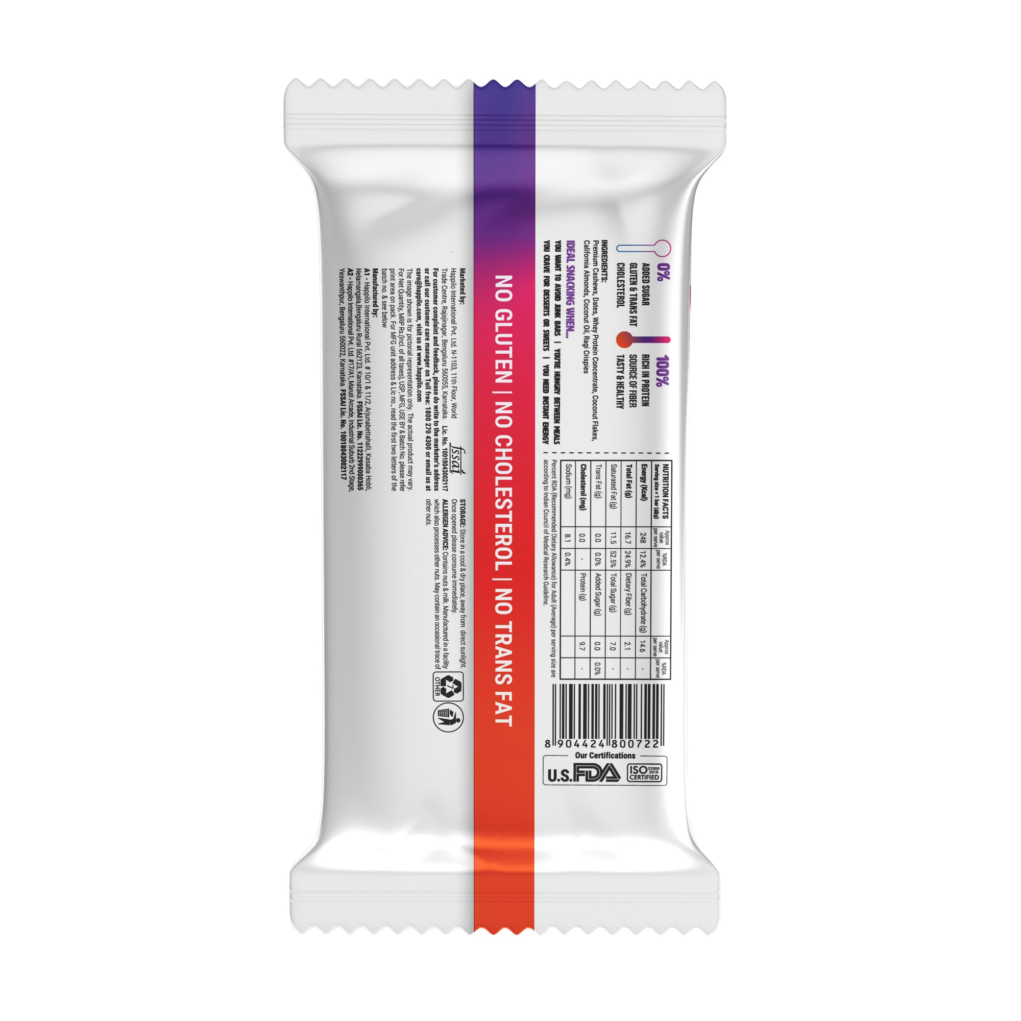 Happilo Dry Fruit Cashew Coconut Protein Bar 45g (Pack of 6)