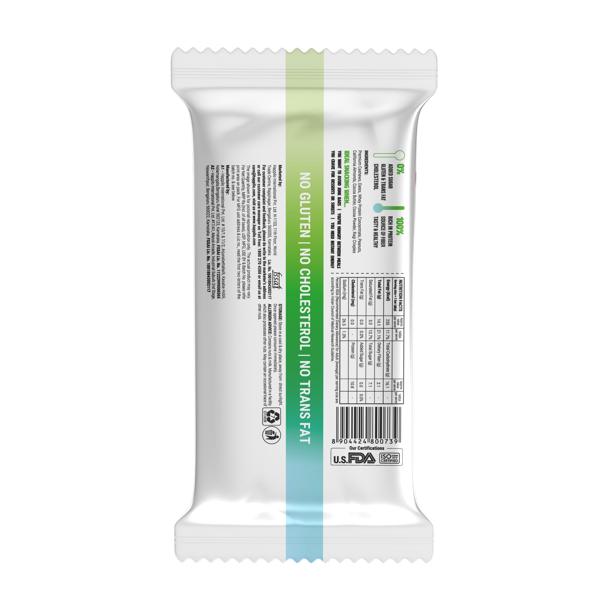 Happilo Dry Fruit Peanut Butter Chocolate Protein Bar 45g (Pack of 6)