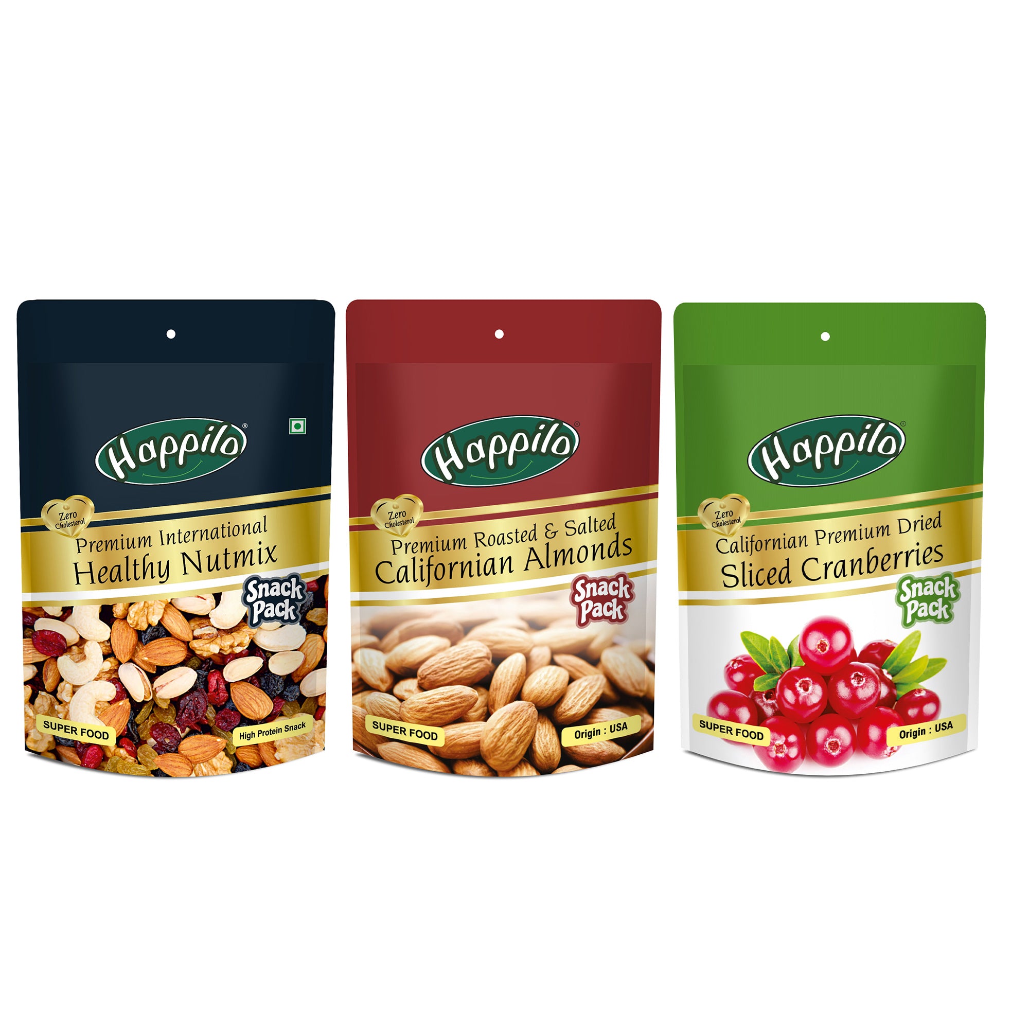 Happilo Premium Snack Combo 120g (Sliced Cranberries, Almonds Roasted & Healthy Nutmix)