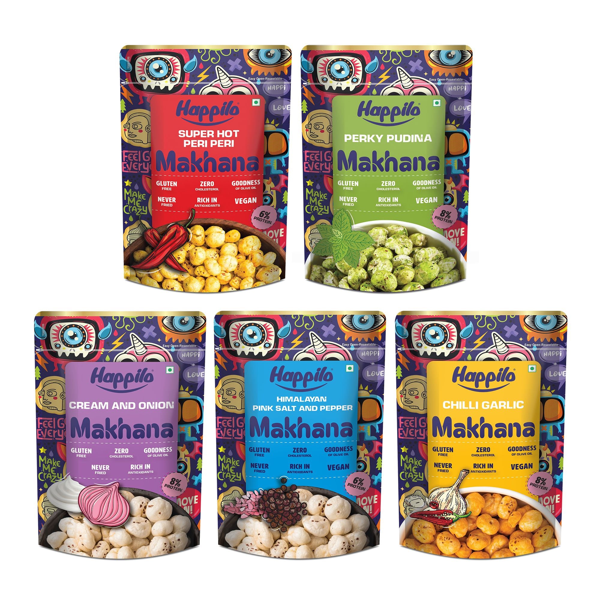 Happilo Premium Super Snack Makhana Combo 600g (Perky Pudina, Peri Peri, Chilli Garlic, Himalayan Salt & Pepper, & Cream & Onion Each 60g*2pcs)