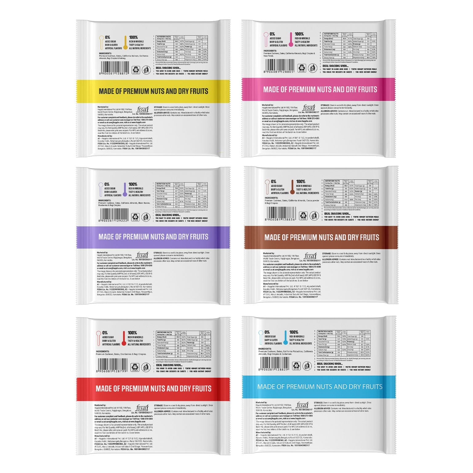 Happilo Dry Fruit Bar Combo 540g (Cranberry Cashew, Rose Almond, Walnut, Pistachios, Choco Almond & Blueberries Each 15g*6pcs)