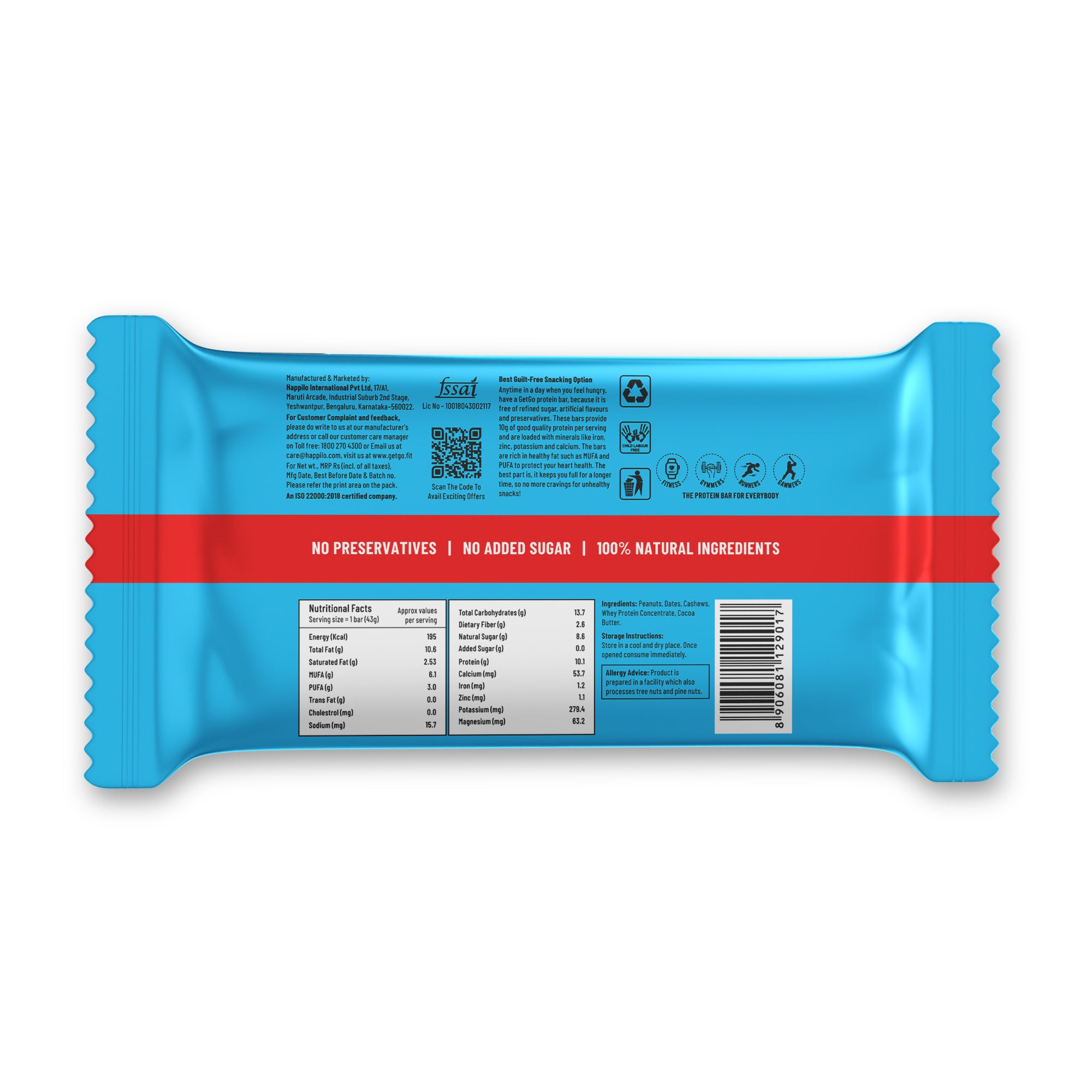 GetGo Natural Peanut Butter Fudge Protein Bar 43g