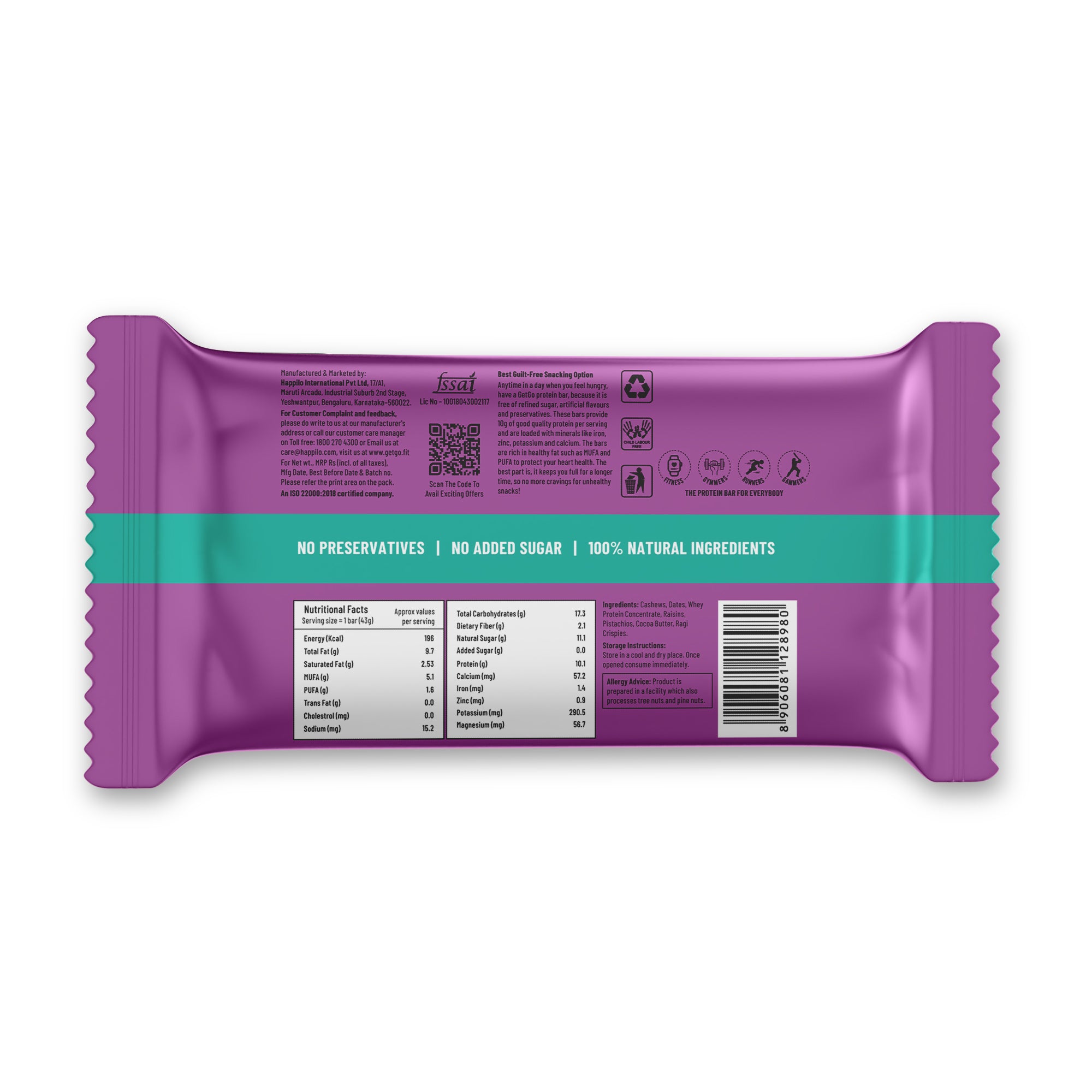 GetGo California Pistachio Fudge Protein Bar 43g