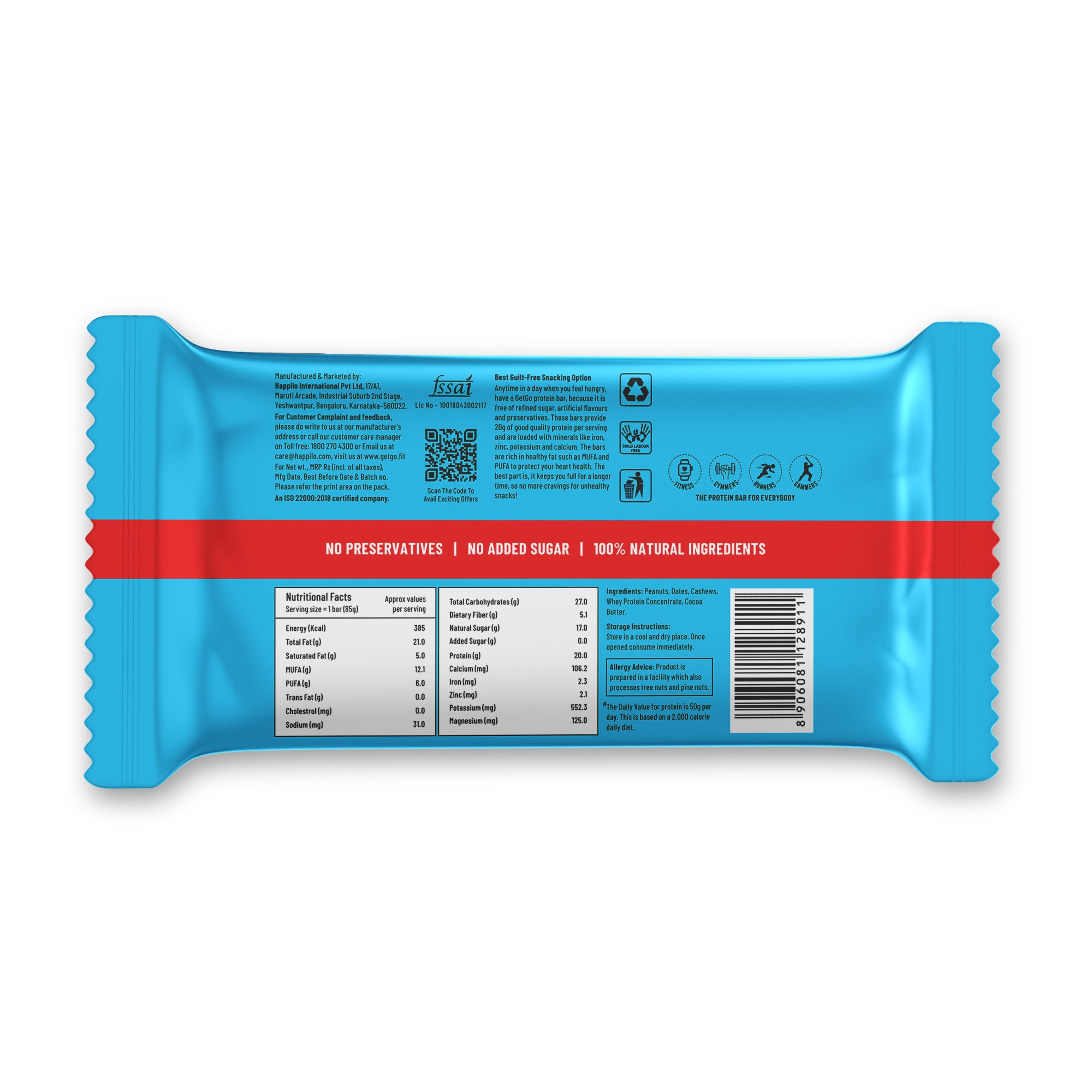 GetGo Natural Peanut Butter Fudge Protein Bar 85g