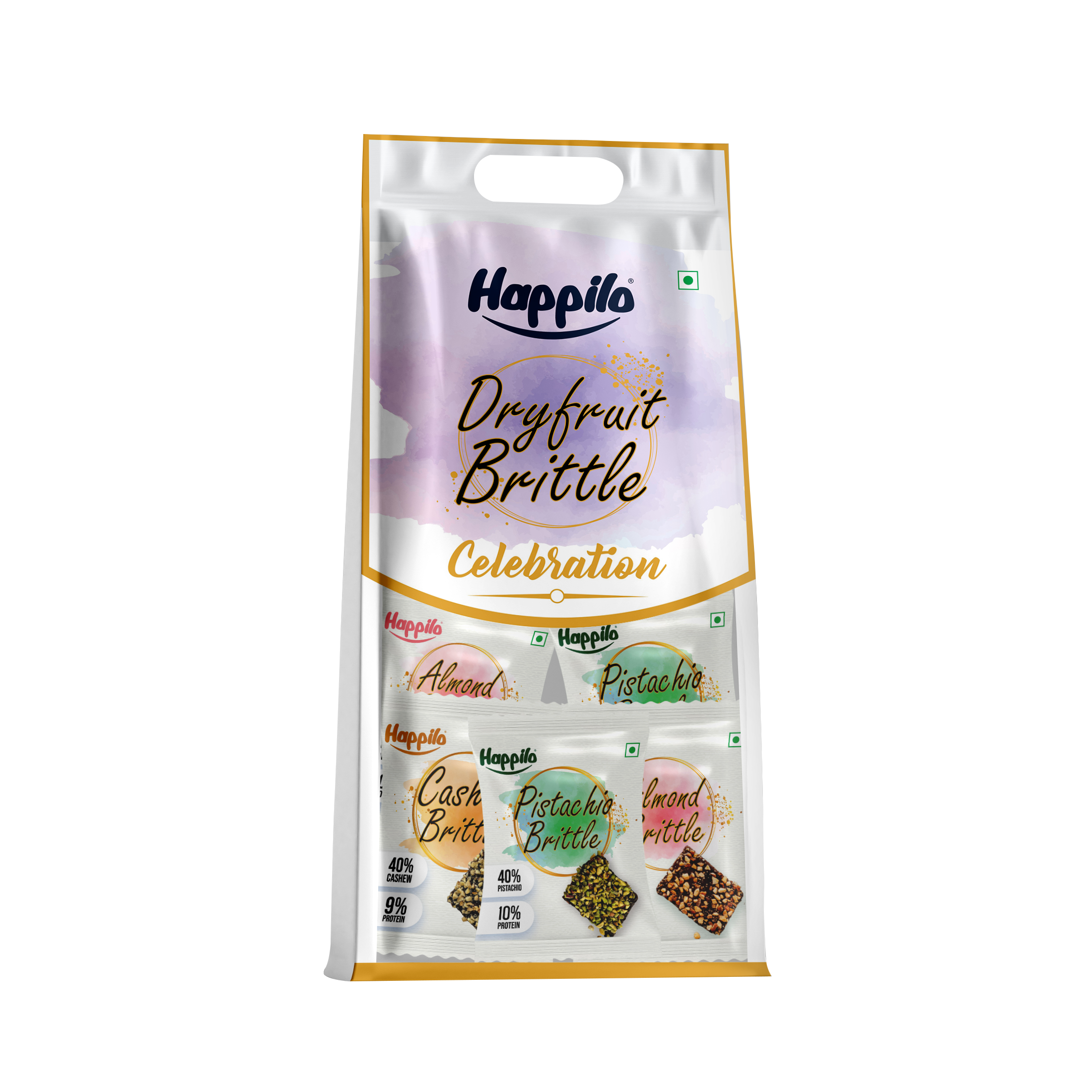 Happilo Premium Assorted Dry Fruit Brittle Celebrations Pack 255g (17gX15) (Almonds, Cashews & Pistachios 5Pcs Each)